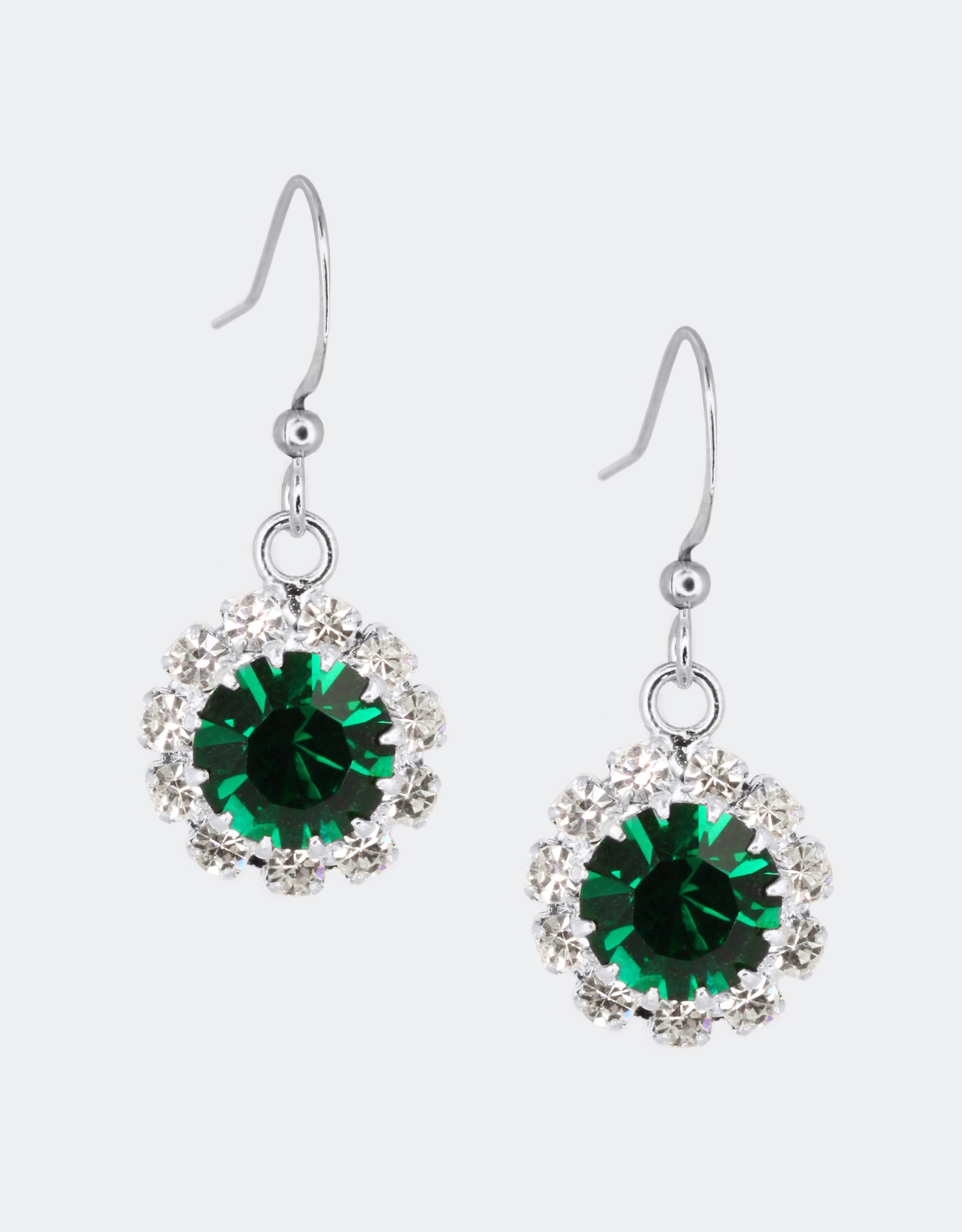 Selene Crystal June Hanging Rosetta drop earrings in emerald green crystal with silver hook – unmatched handcrafted sparkle for casual and evening wear.