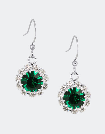 Selene Crystal June Hanging Rosetta drop earrings in emerald green crystal with silver hook – unmatched handcrafted sparkle for casual and evening wear.