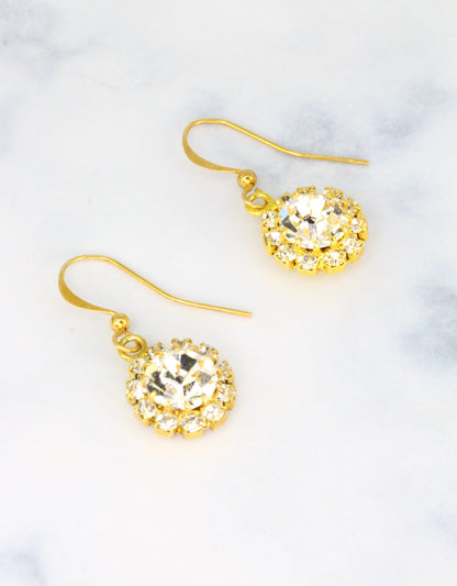 Selene Crystal June Hanging Rosetta drop earrings in red crystal with silver hook – vibrant handcrafted sparkle earrings perfect for nights out and festive occasions.