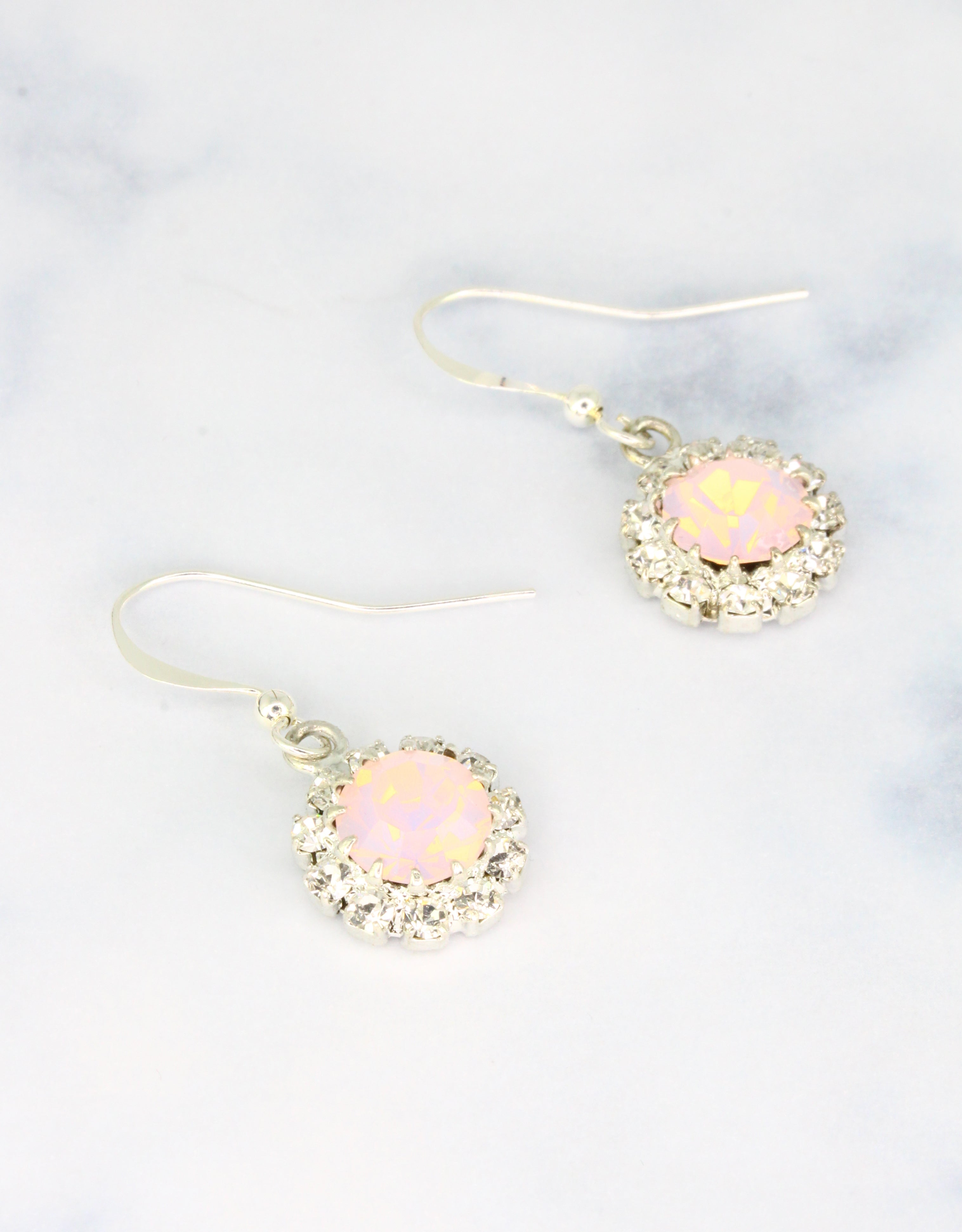 selene Crystal June Hanging Rosetta drop earrings in rose opal crystal with silver hook – warm glowing handcrafted earrings with timeless sparkle for any event or celebration.