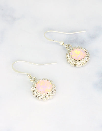 selene Crystal June Hanging Rosetta drop earrings in rose opal crystal with silver hook – warm glowing handcrafted earrings with timeless sparkle for any event or celebration.