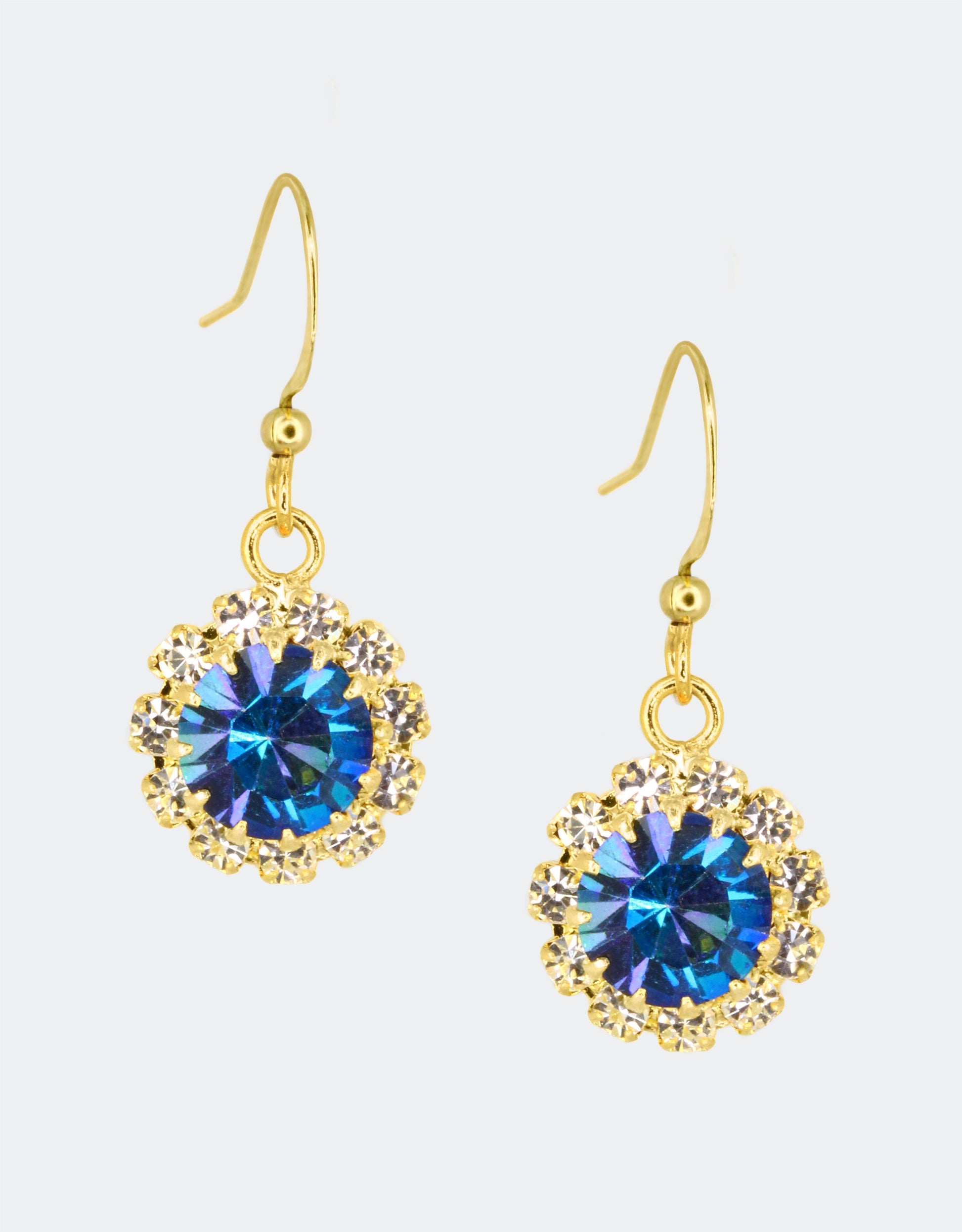 Selene Crystal June Hanging Rosetta drop earrings in teal crystal with gold hook – vibrant handcrafted earrings that add a bold pop of colour to any outfit. Free worldwide shipping on orders over £199.