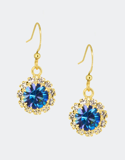 Selene Crystal June Hanging Rosetta drop earrings in teal crystal with gold hook – vibrant handcrafted earrings that add a bold pop of colour to any outfit. Free worldwide shipping on orders over £199.
