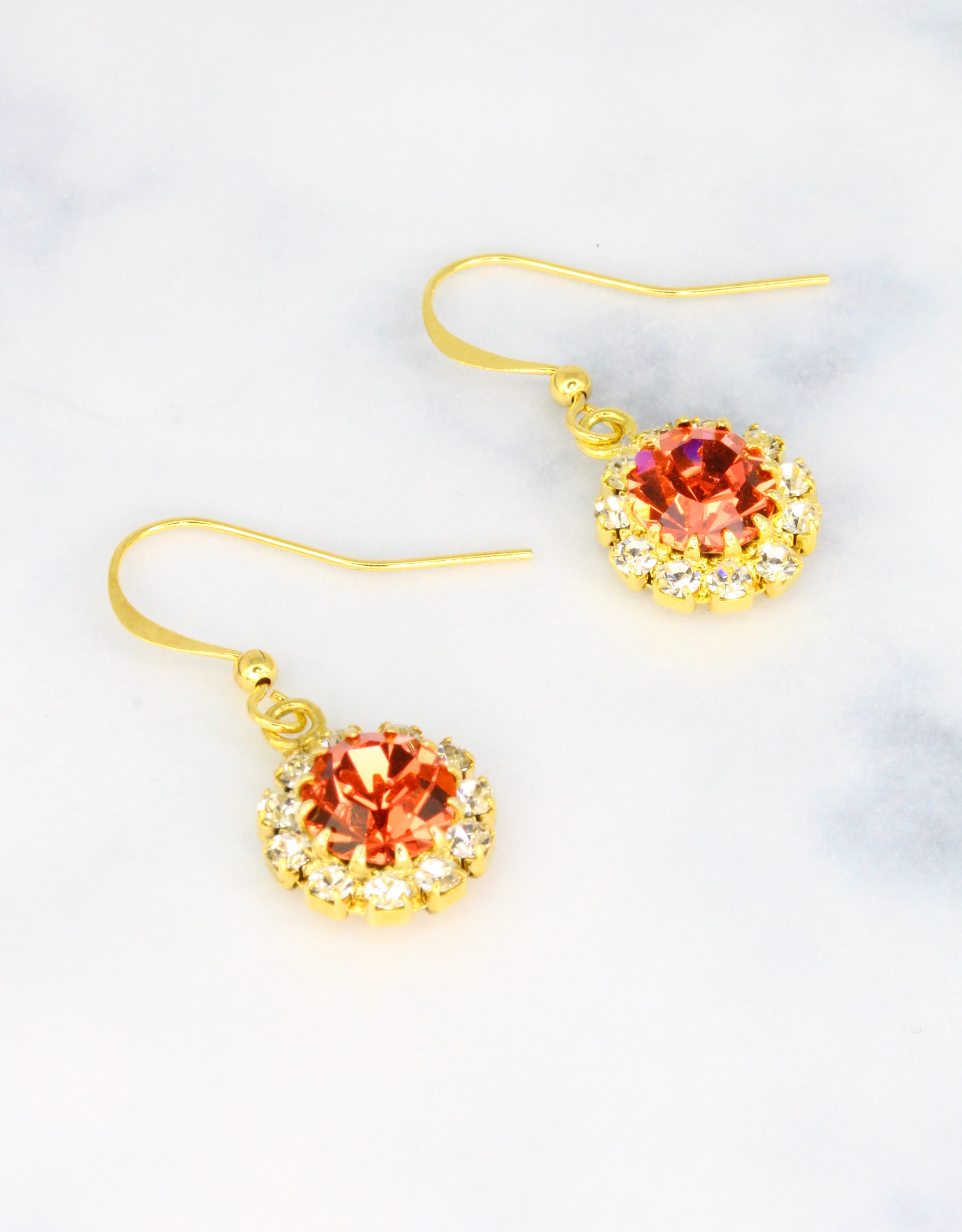 Selene Crystal June Hanging Rosetta pink crystal drop earrings – handcrafted with a striking dark halo design, perfect for casual days and dressed-up evening occasions.