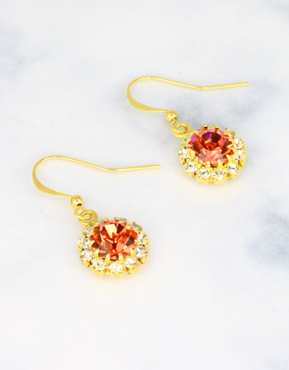 Selene Crystal June Hanging Rosetta pink crystal drop earrings – handcrafted with a striking dark halo design, perfect for casual days and dressed-up evening occasions.