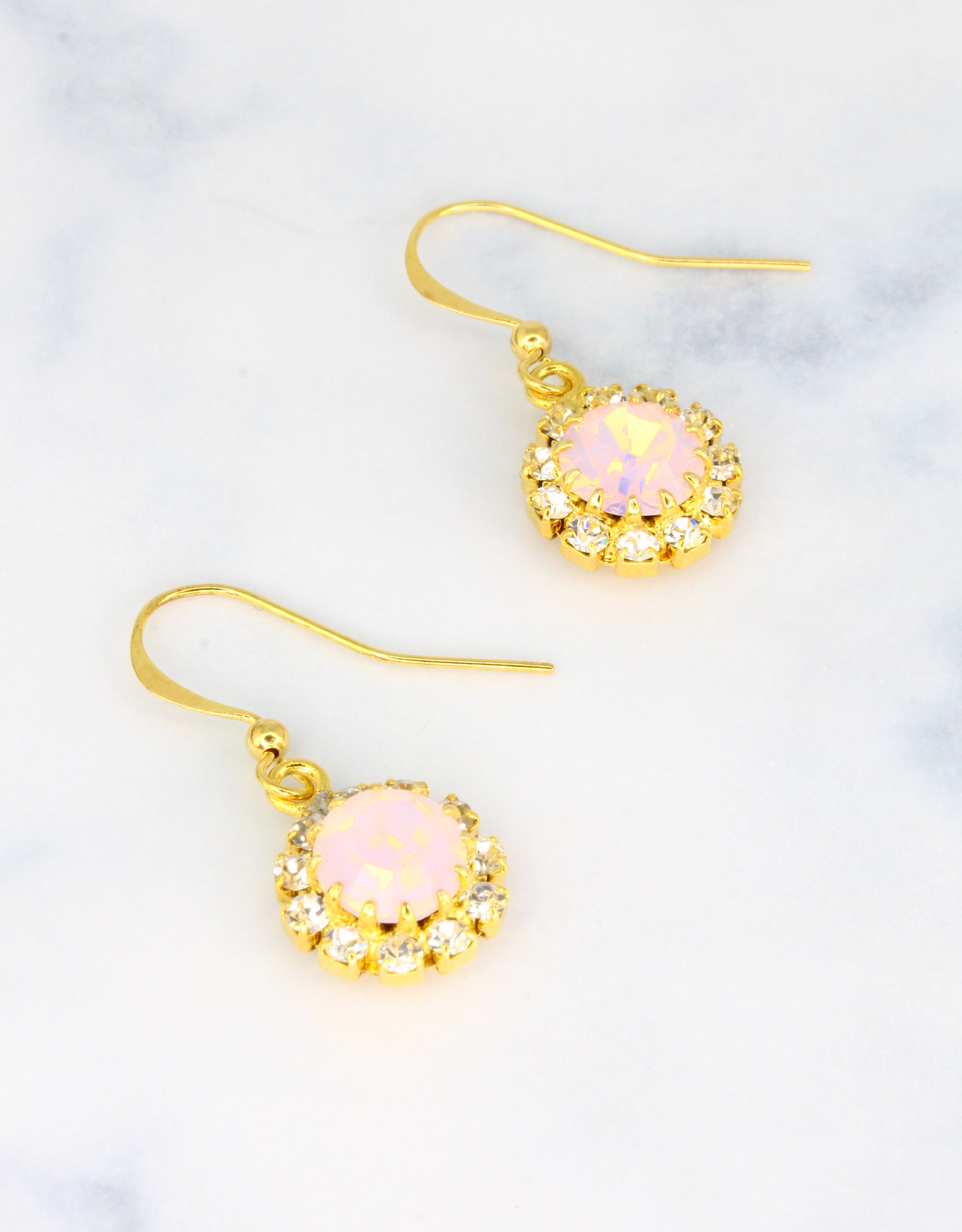 Selene Crystal June Hanging Rosetta blush pink crystal drop earrings with gold hook – handcrafted sparkle earrings with a soft romantic finish for casual and special occasion styling.