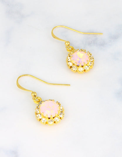 Selene Crystal June Hanging Rosetta blush pink crystal drop earrings with gold hook – handcrafted sparkle earrings with a soft romantic finish for casual and special occasion styling.
