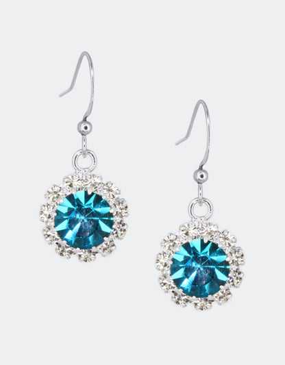 Selene Crystal June Hanging Rosetta white crystal drop earrings with silver setting – delicate handcrafted sparkle earrings ideal for bridal, everyday and occasion wear.