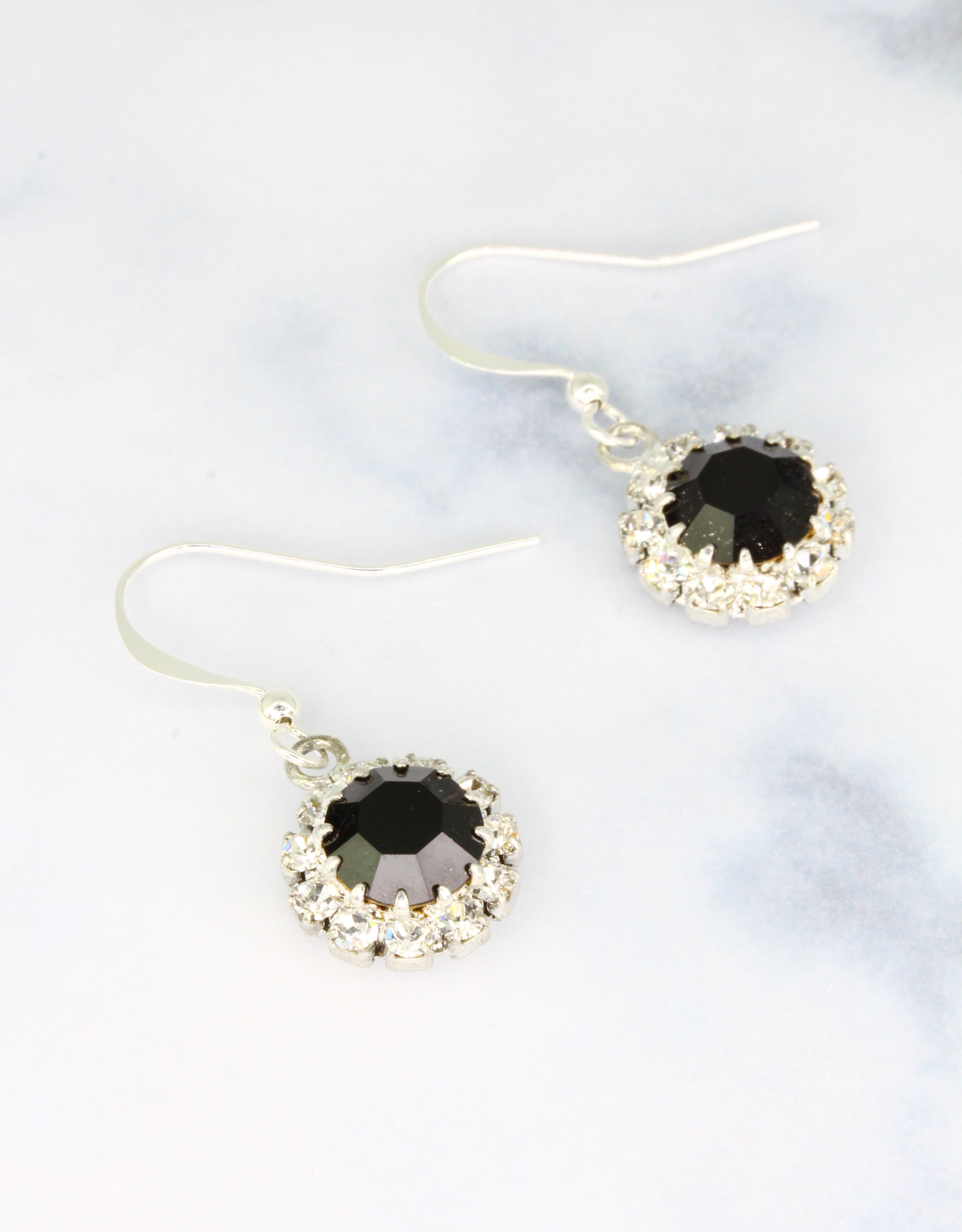 Selene Crystal June Hanging Rosetta earrings in jet black crystal with silver hook – bold handcrafted drop earrings with dark elegant sparkle for any event or night out.