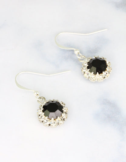 Selene Crystal June Hanging Rosetta earrings in jet black crystal with silver hook – bold handcrafted drop earrings with dark elegant sparkle for any event or night out.