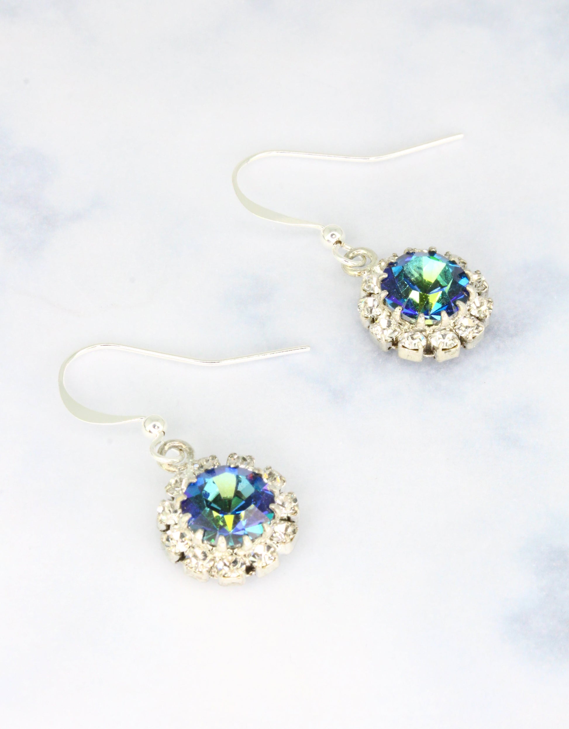Selene Crystal June Hanging Rosetta earrings in cobalt blue crystal with silver hook – handcrafted drop earrings with striking deep blue brilliance for casual and evening styling.