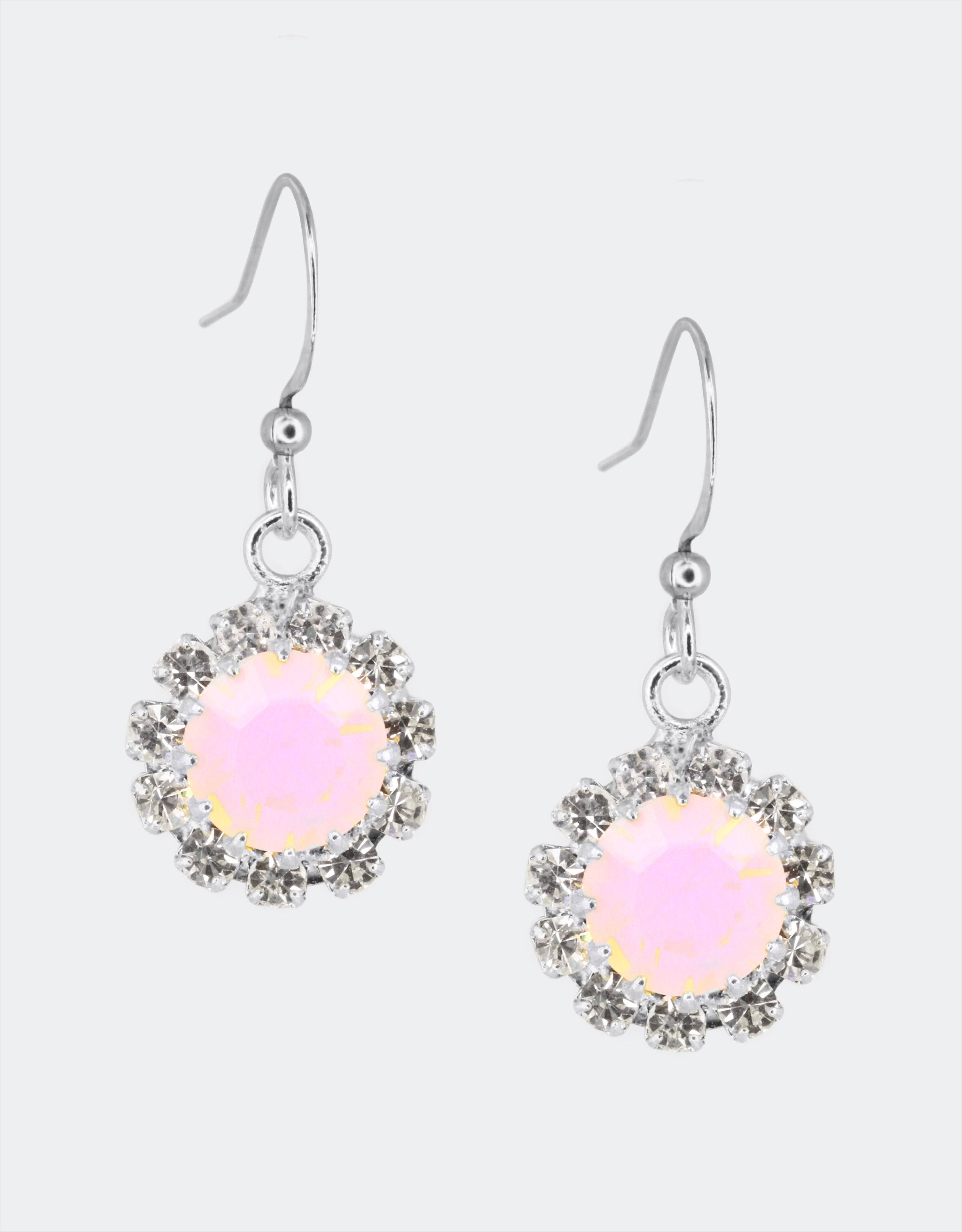 Selene Crystal June Hanging Rosetta blush pink crystal earrings with silver setting – handcrafted drop earrings with gentle pastel sparkle, a jewellery collection essential.