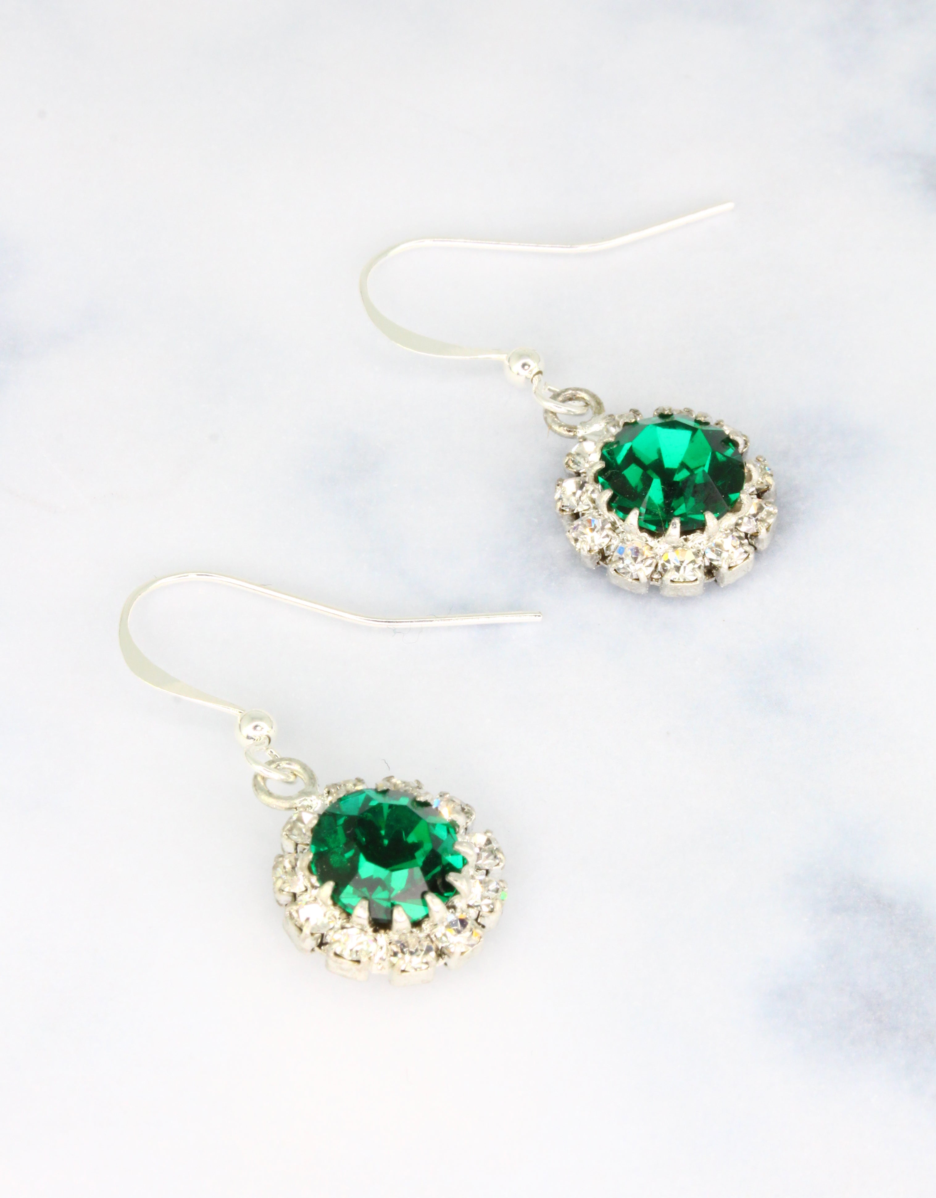 Selene Crystal June Hanging Rosetta earrings in deep green crystal with gold setting – handcrafted drop earrings with lush colour and brilliant sparkle for any event.