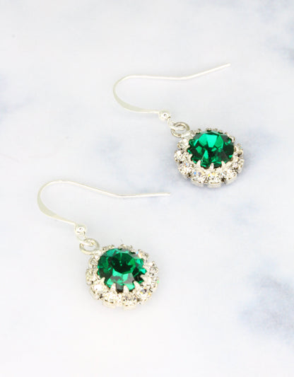 Selene Crystal June Hanging Rosetta earrings in deep green crystal with gold setting – handcrafted drop earrings with lush colour and brilliant sparkle for any event.