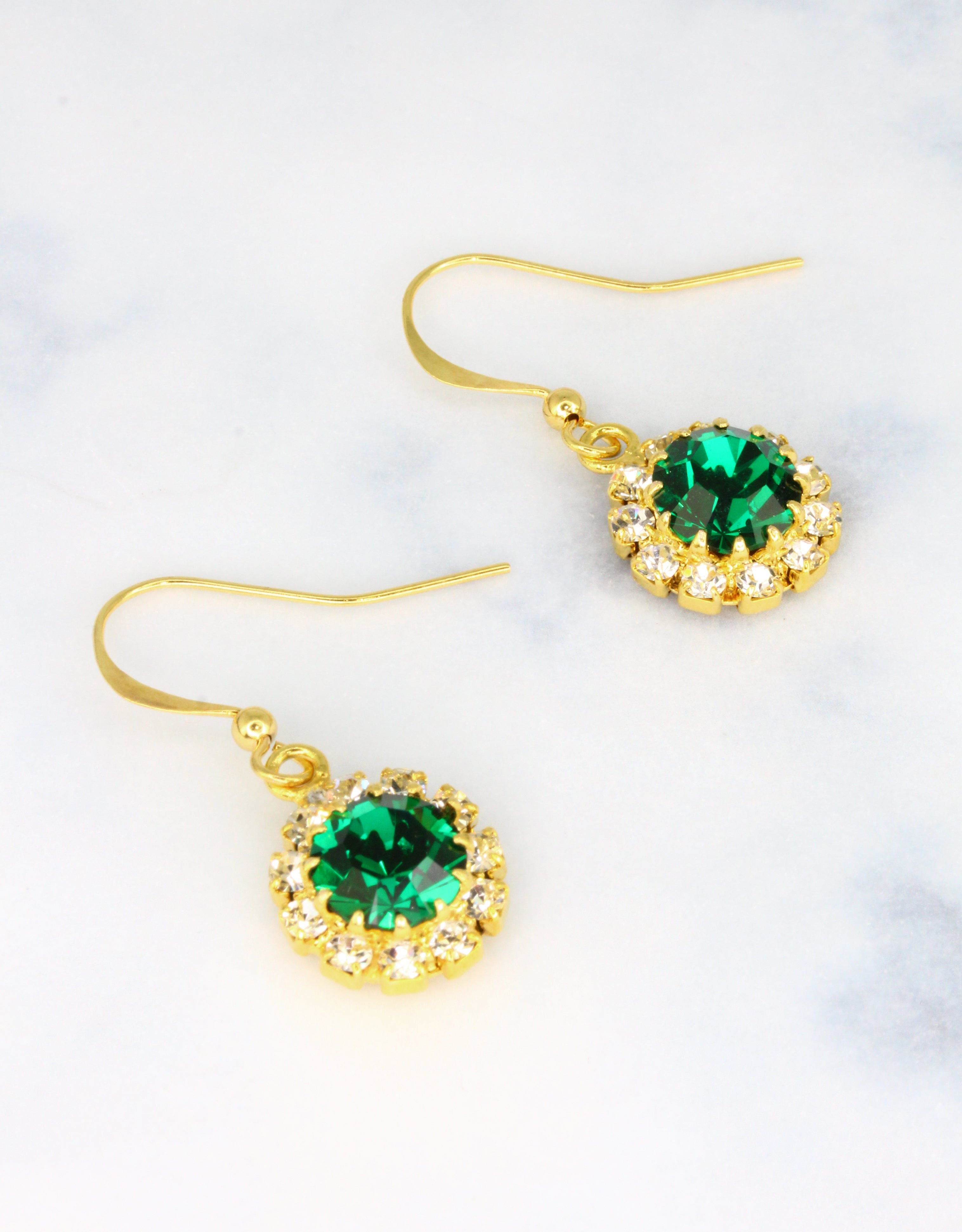 Selene Crystal June Hanging Rosetta earrings in emerald green and gold – handcrafted drop earrings with rich jewel-toned brilliance for every occasion.