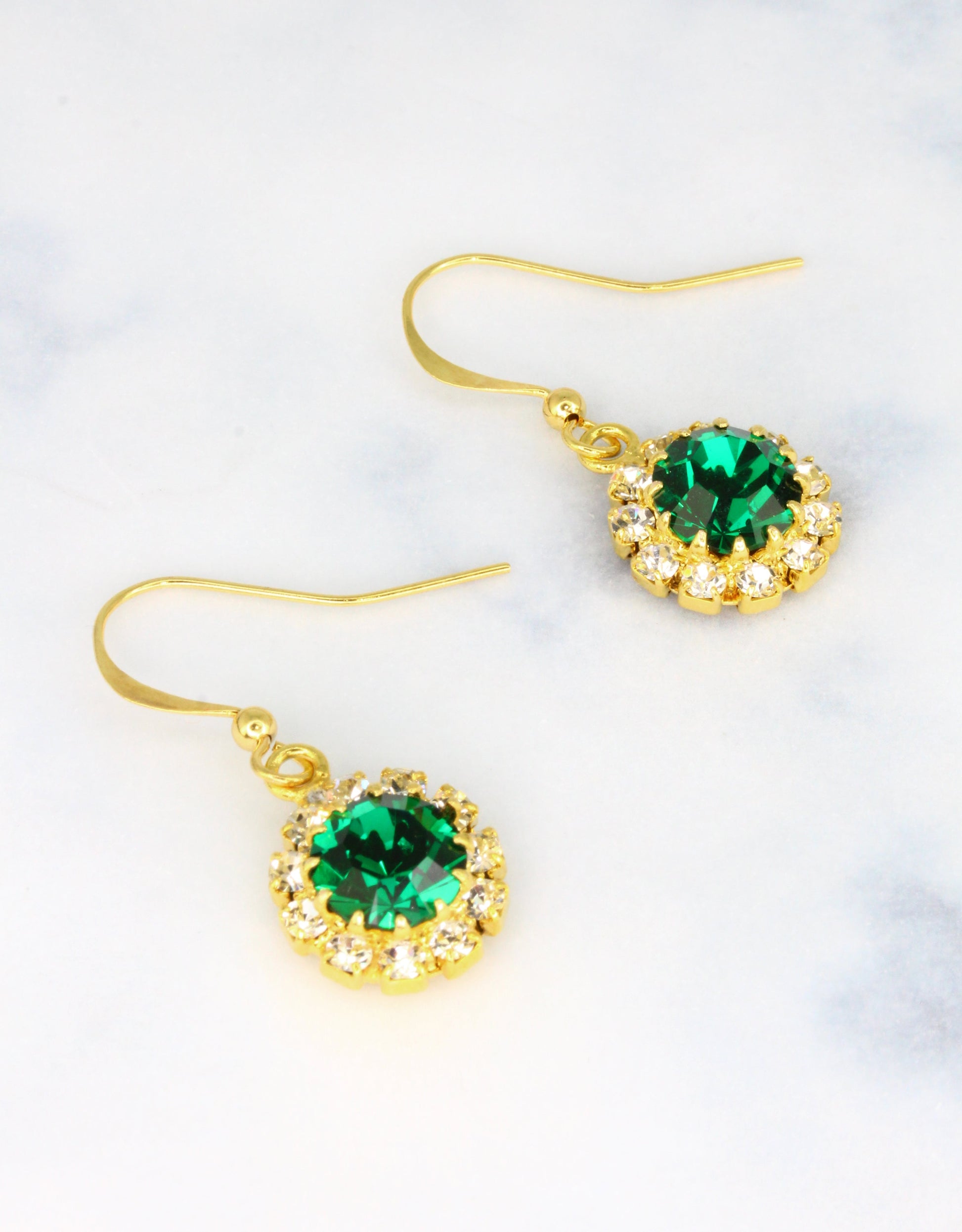 Selene Crystal June Hanging Rosetta earrings in emerald green and gold – handcrafted drop earrings with rich jewel-toned brilliance for every occasion.