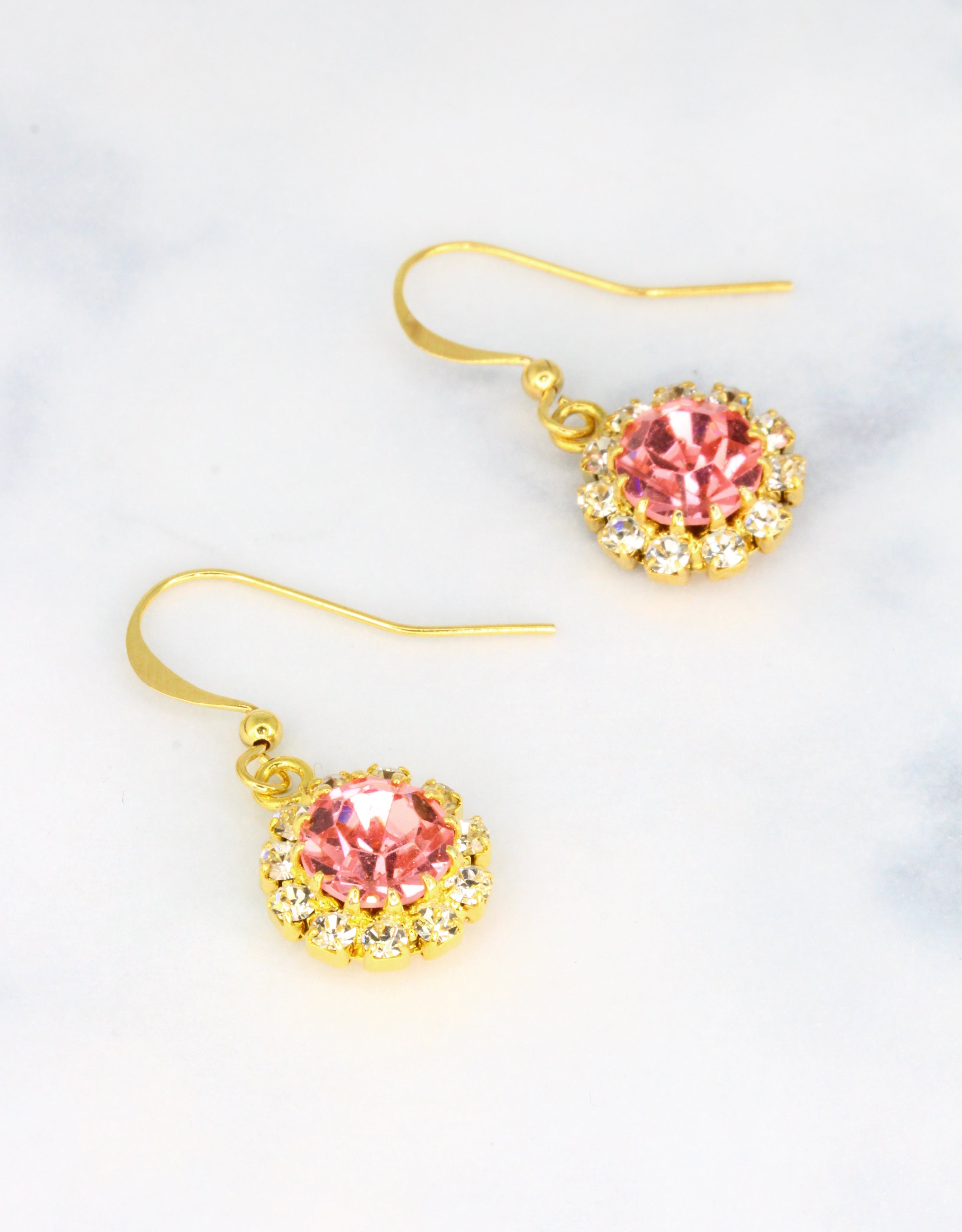Selene Crystal June Hanging Rosetta pink crystal earrings with silver setting – handcrafted drop earrings with gentle pastel sparkle, a jewellery collection essential.