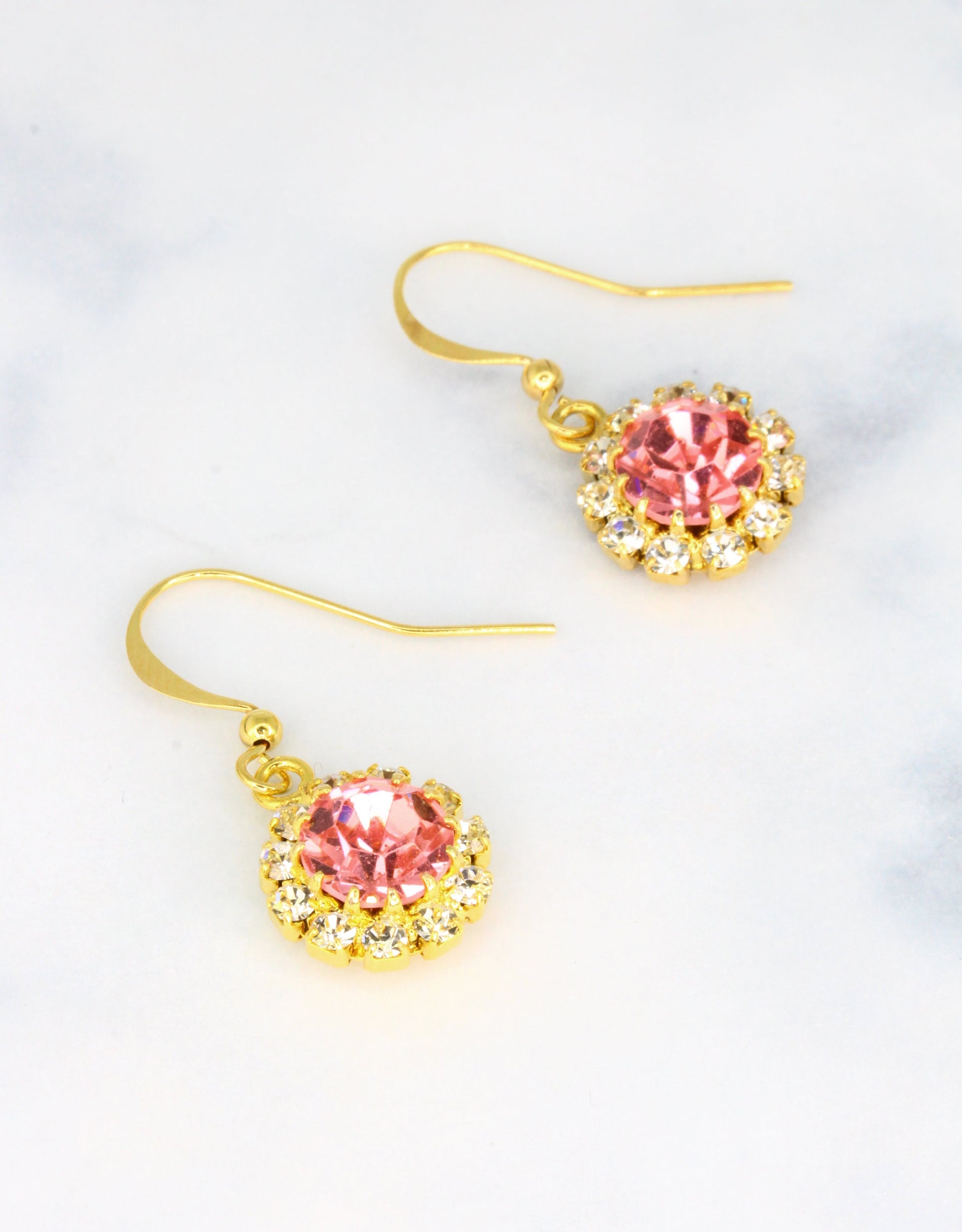 Selene Crystal June Hanging Rosetta pink crystal earrings with silver setting – handcrafted drop earrings with gentle pastel sparkle, a jewellery collection essential.
