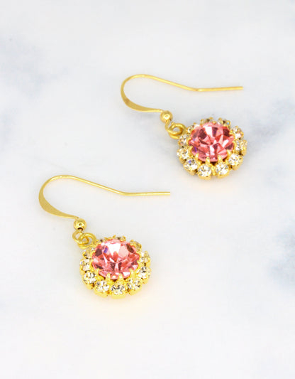 Selene Crystal June Hanging Rosetta pink crystal earrings with silver setting – handcrafted drop earrings with gentle pastel sparkle, a jewellery collection essential.