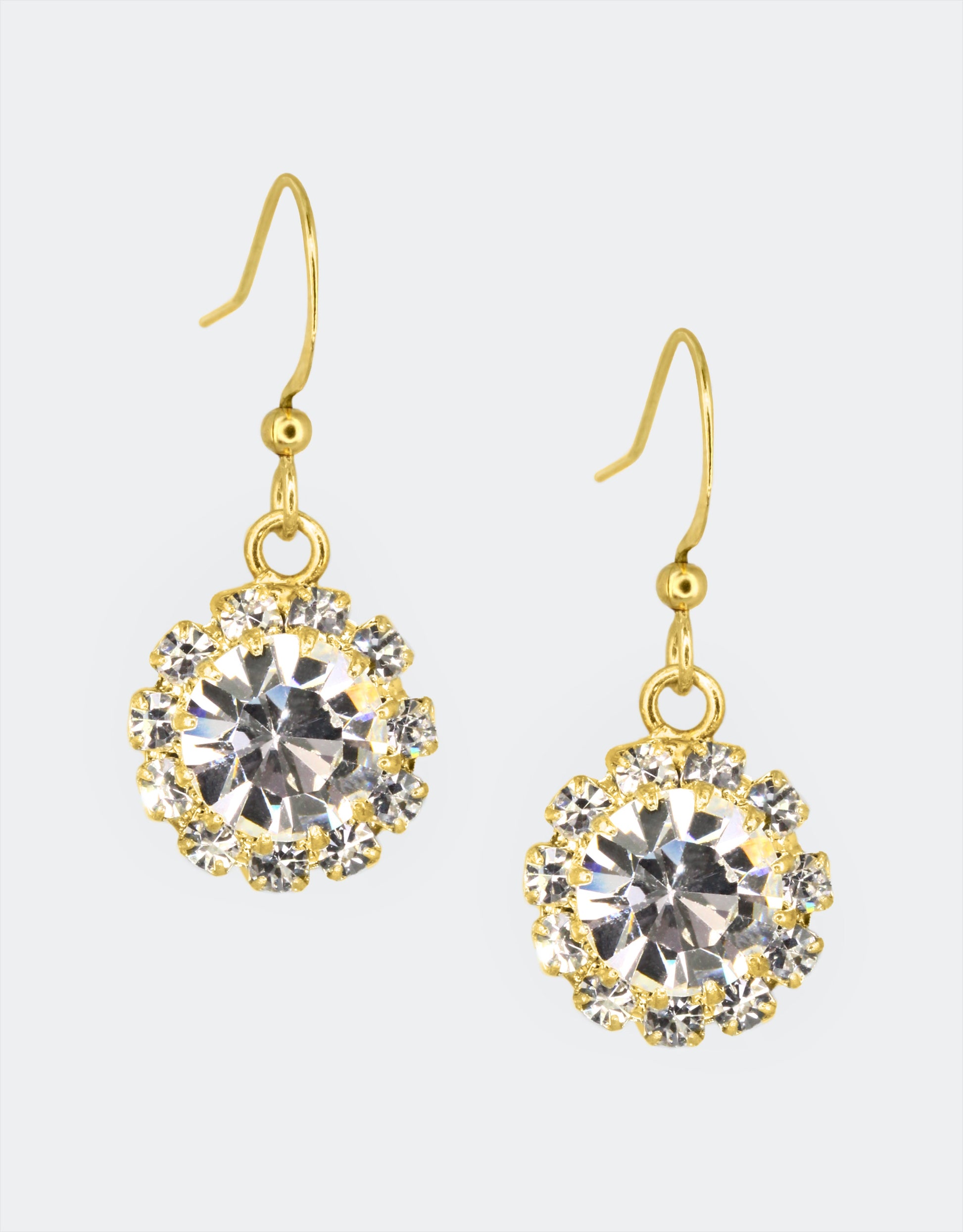 Selene Crystal June Hanging Rosetta earrings in deep red crystal with gold hook – handcrafted drop earrings with warm jewel-toned brilliance for evening and celebration wear.