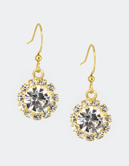 Selene Crystal June Hanging Rosetta earrings in deep red crystal with gold hook – handcrafted drop earrings with warm jewel-toned brilliance for evening and celebration wear.