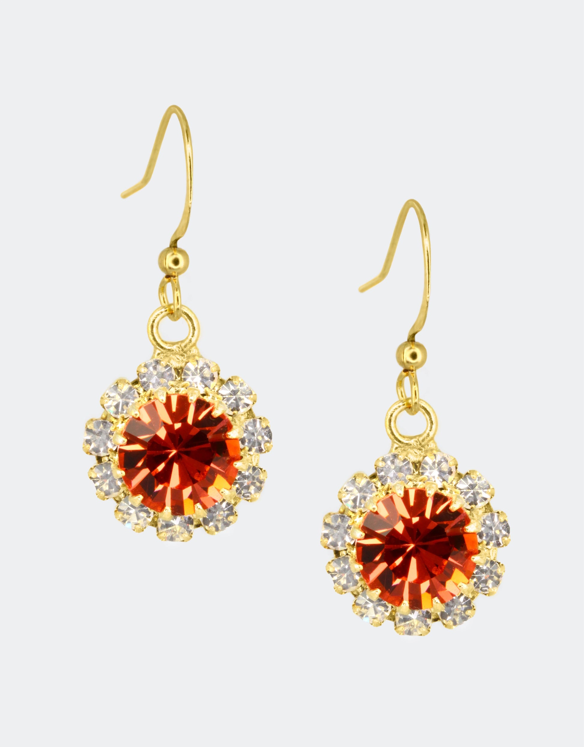 Selene Crystal June Hanging Rosetta earrings in rose gold crystal with golden hook – bold handcrafted drop earrings with dark elegant sparkle for any event or night out.