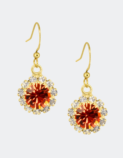 Selene Crystal June Hanging Rosetta earrings in rose gold crystal with golden hook – bold handcrafted drop earrings with dark elegant sparkle for any event or night out.