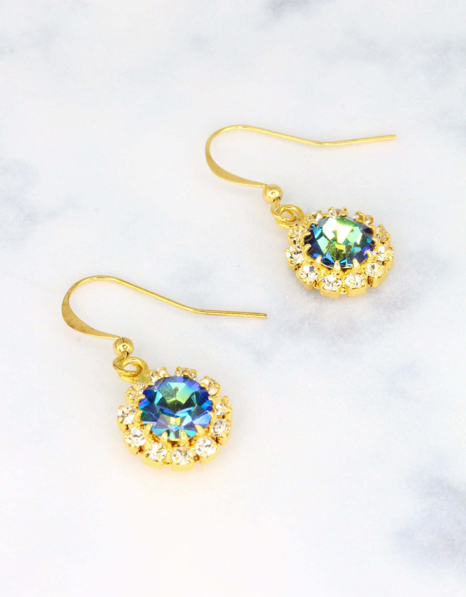Selene Crystal June Hanging Rosetta earrings in teal crystal with silver hook – handcrafted ocean-toned drop earrings with brilliant sparkle for everyday and occasion wear.
