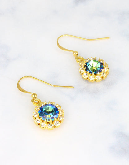 Selene Crystal June Hanging Rosetta earrings in teal crystal with silver hook – handcrafted ocean-toned drop earrings with brilliant sparkle for everyday and occasion wear.