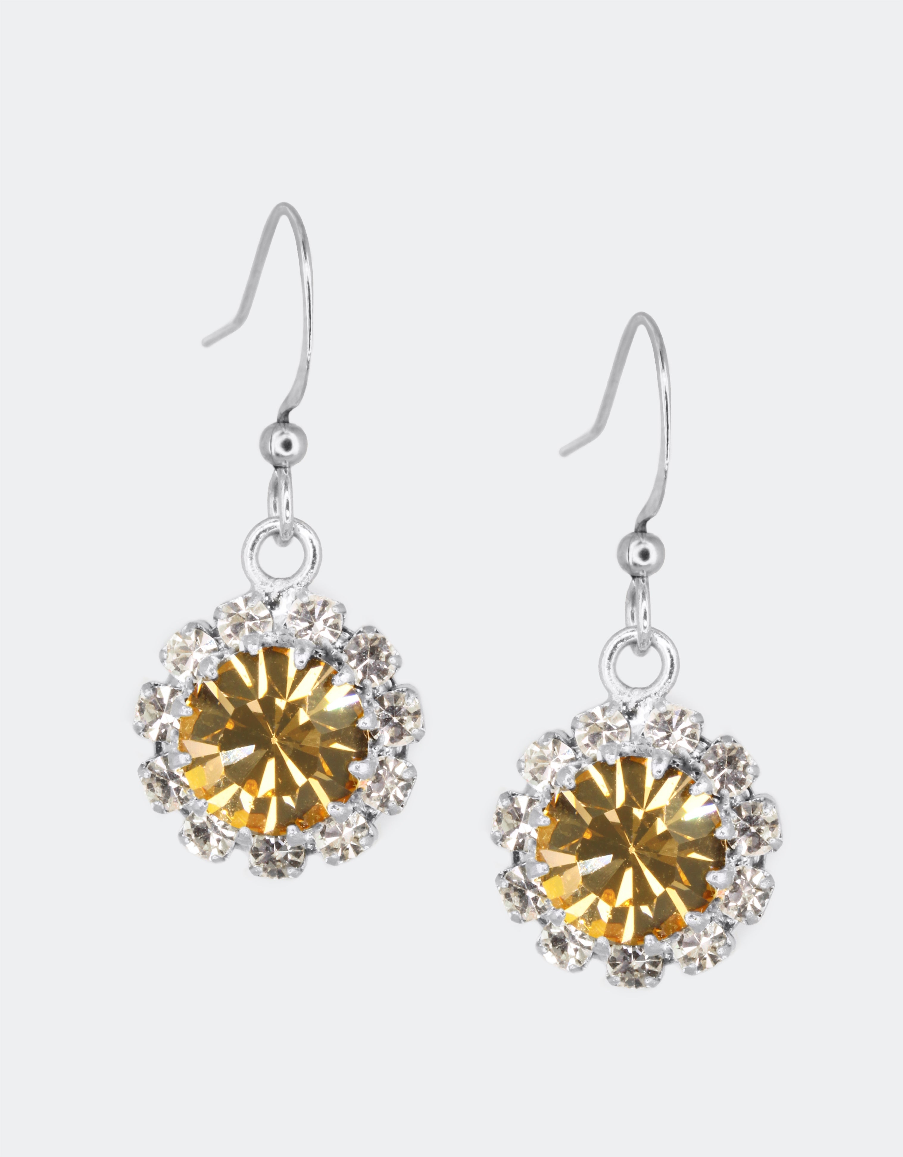 Selene Crystal June Hanging Rosetta topaz crystal drop earrings with silver hook – handcrafted warm-toned sparkle earrings perfect for weddings, parties and everyday luxury. Free worldwide shipping on orders over £199.