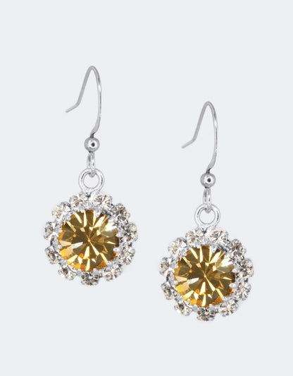 Selene Crystal June Hanging Rosetta topaz crystal drop earrings with silver hook – handcrafted warm-toned sparkle earrings perfect for weddings, parties and everyday luxury. Free worldwide shipping on orders over £199.