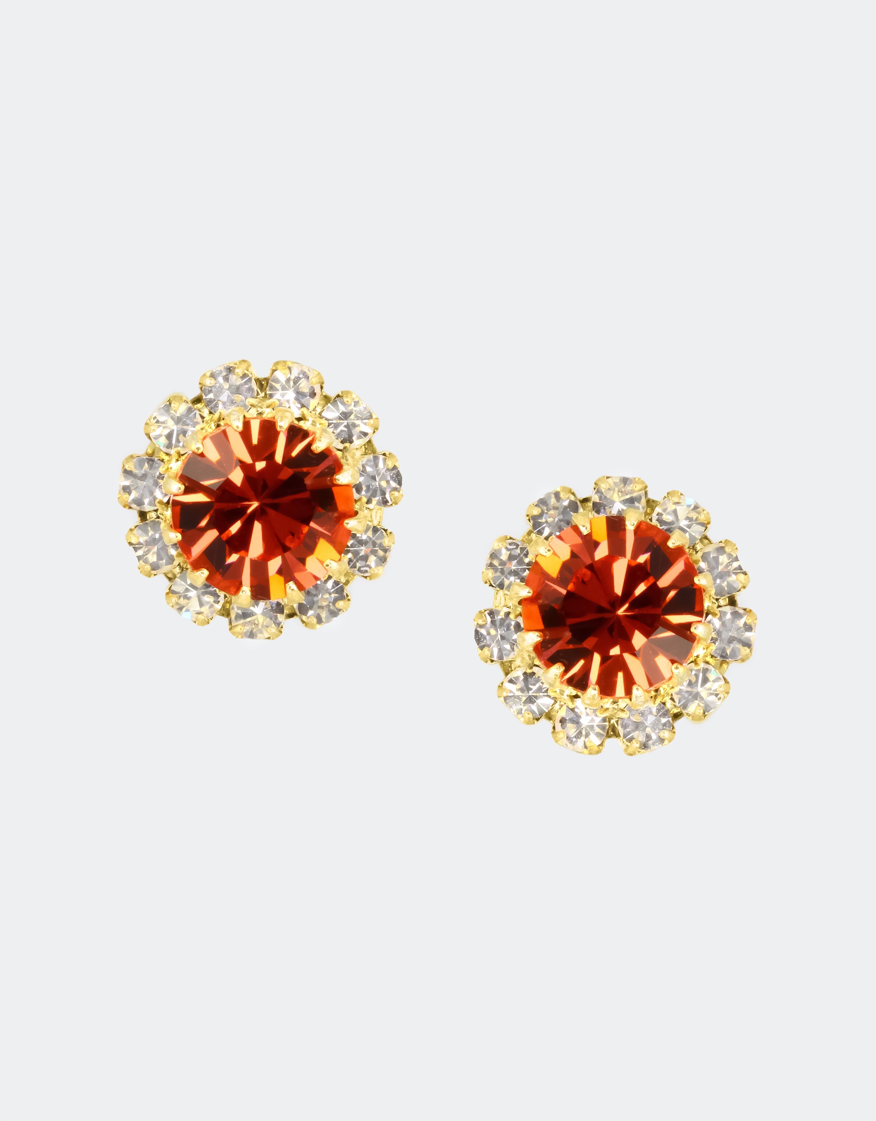 Selene Crystal June Rosetta stud earrings in amber crystal with gold halo – warm earthy-toned handcrafted round studs with rich autumnal sparkle for everyday and occasion styling.