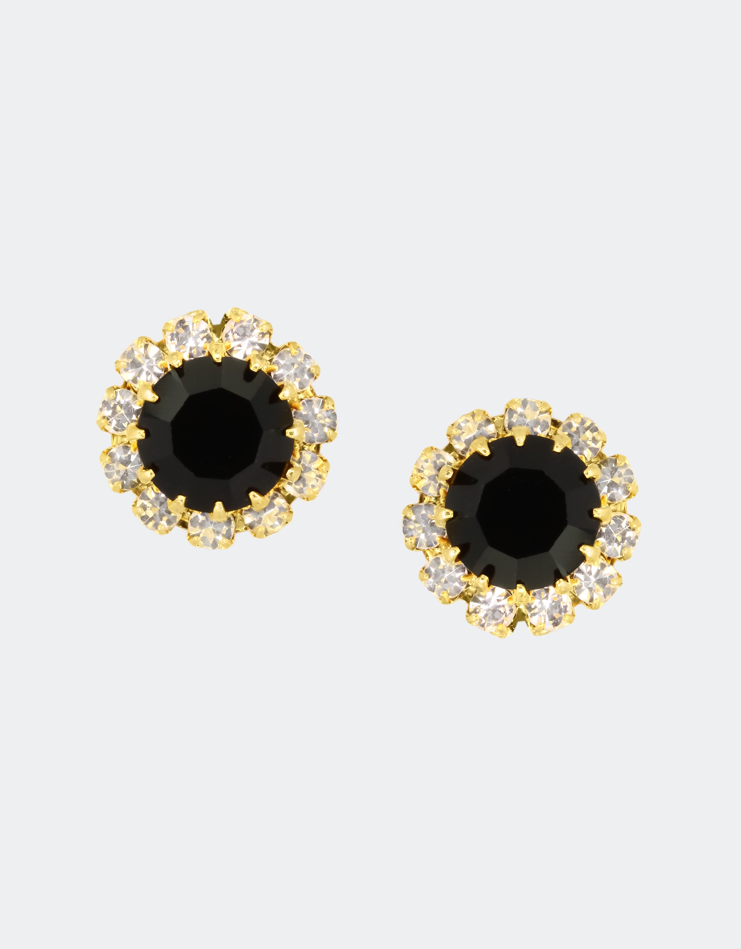 Selene Crystal June Rosetta stud earrings in jet black crystal with gold halo – bold and sophisticated handcrafted round studs for minimalist and evening styling.