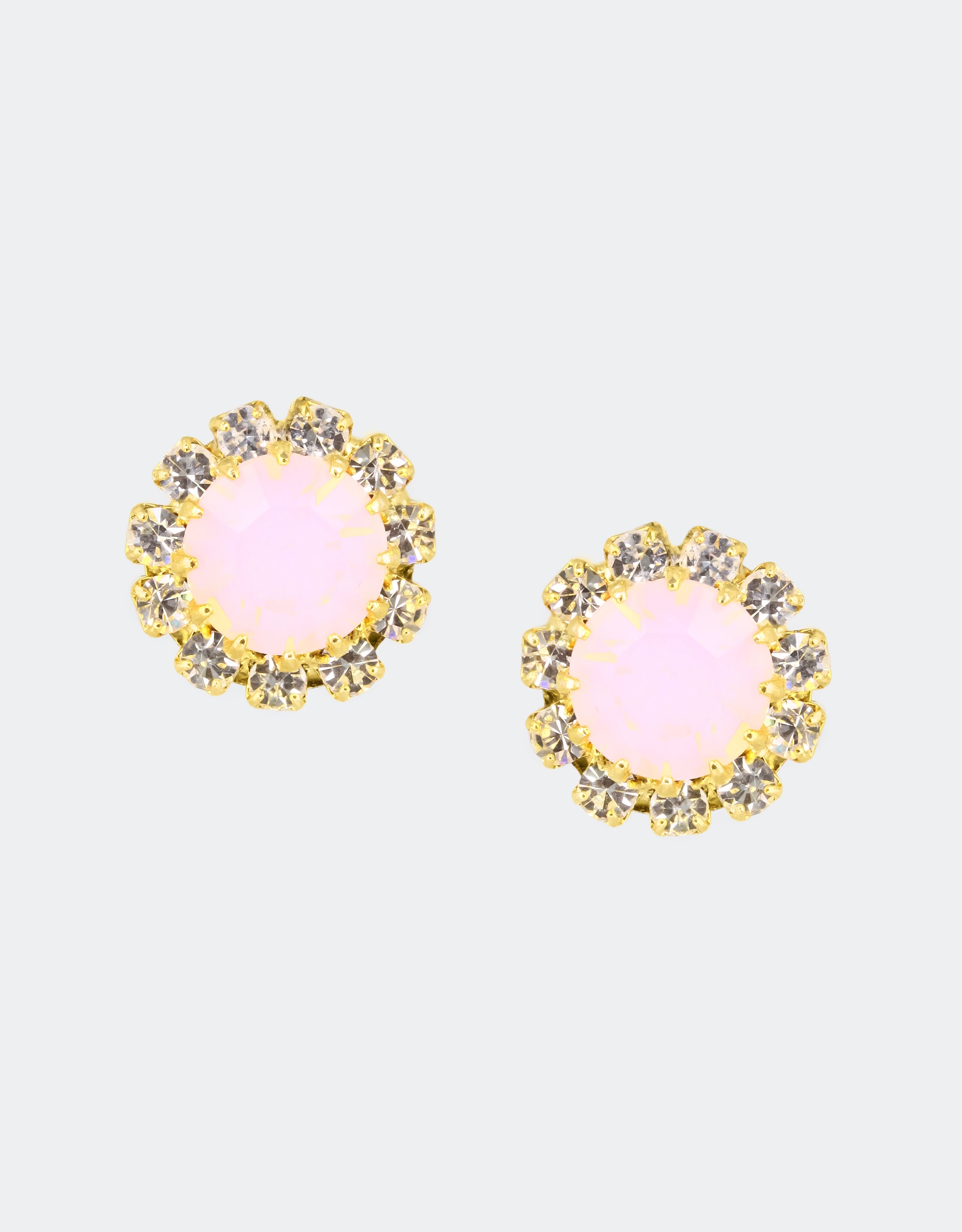 Selene Crystal June Rosetta stud earrings in blush pink crystal with gold halo – delicate handcrafted round studs with soft feminine sparkle, a true jewellery box essential. Free worldwide shipping on orders over £199.