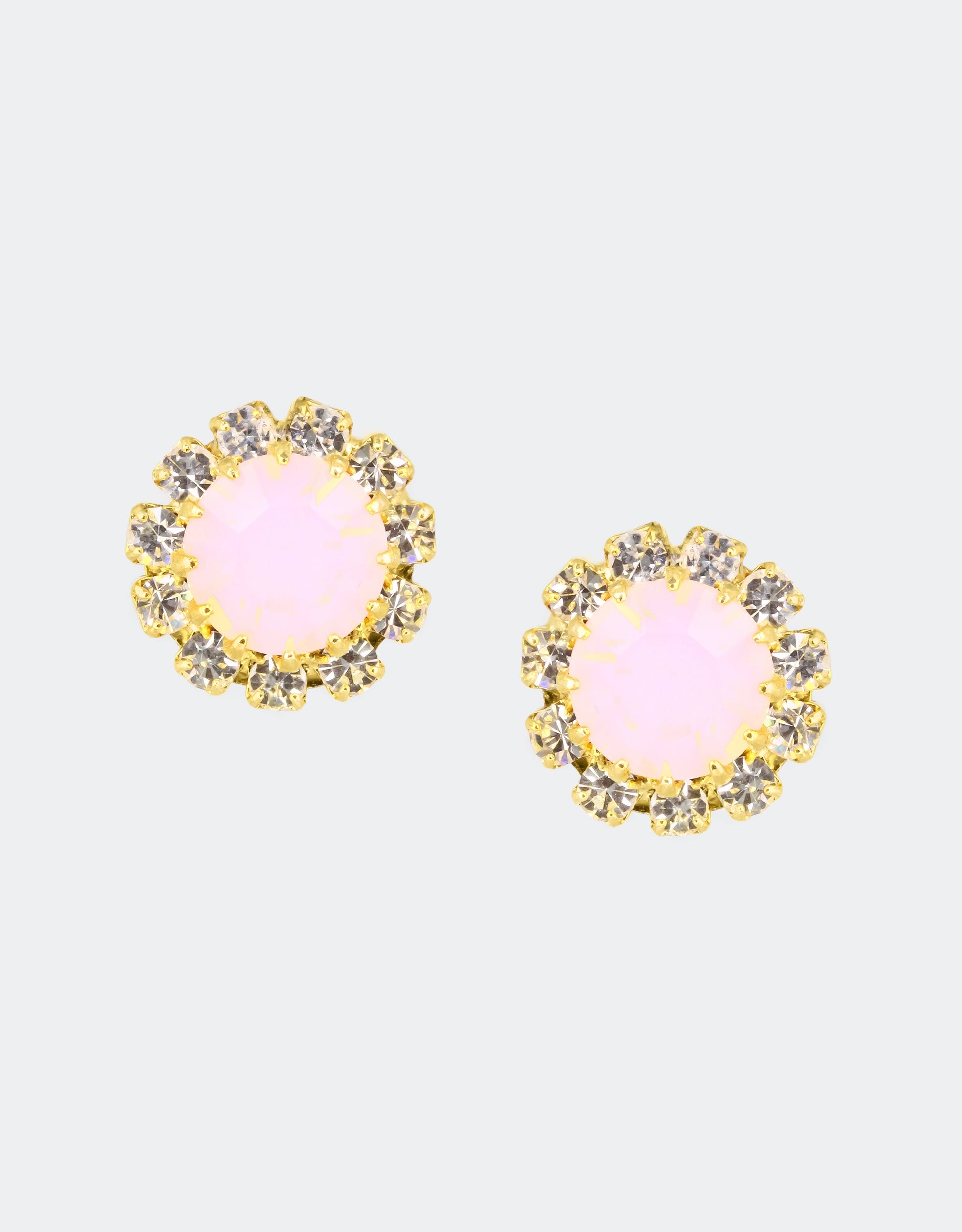 Selene Crystal June Rosetta stud earrings in blush pink crystal with gold halo – delicate handcrafted round studs with soft feminine sparkle, a true jewellery box essential. Free worldwide shipping on orders over £199.