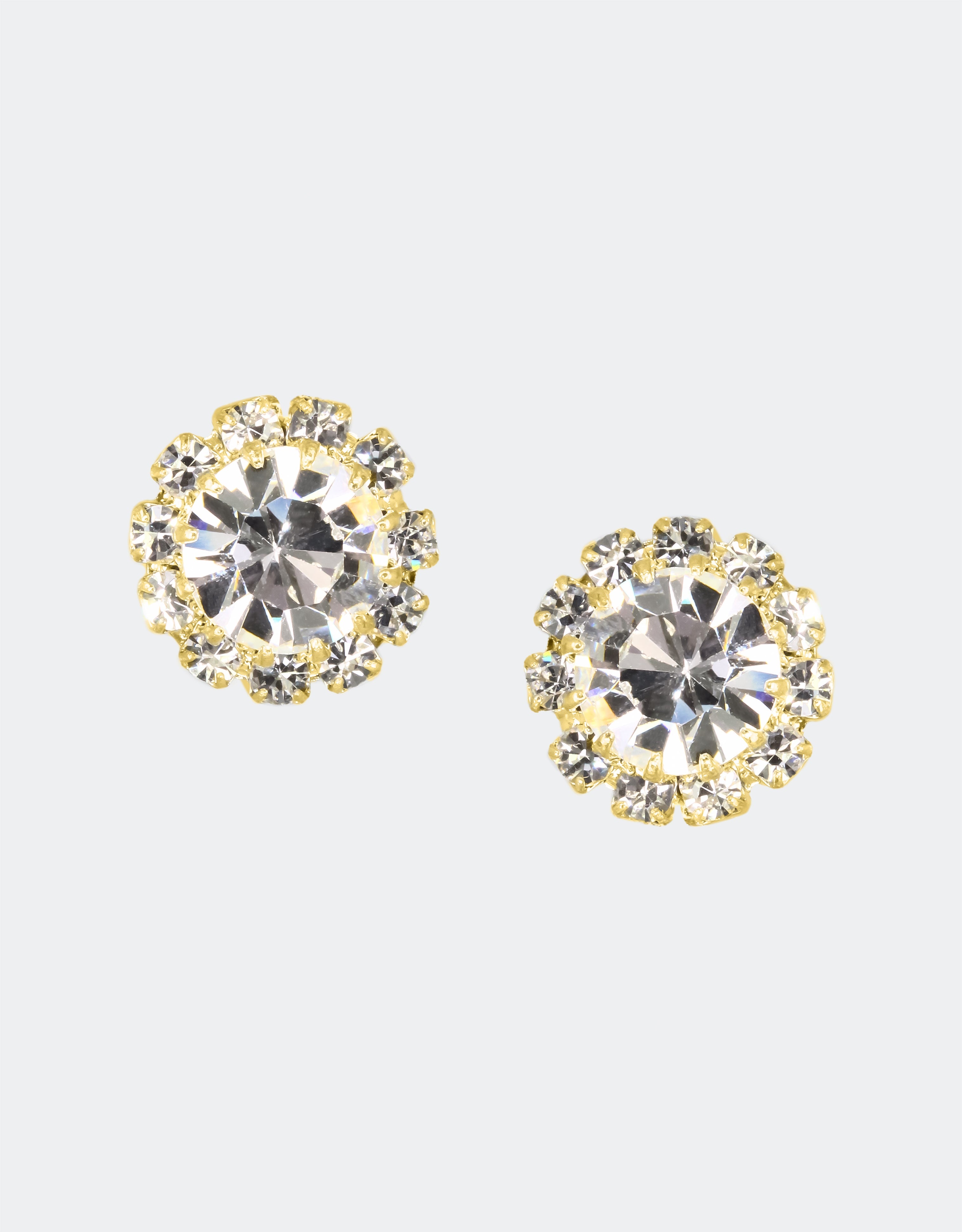 Selene Crystal June Rosetta stud earrings in clear crystal with silver halo – timeless handcrafted round studs that complement any outfit from casual to formal.