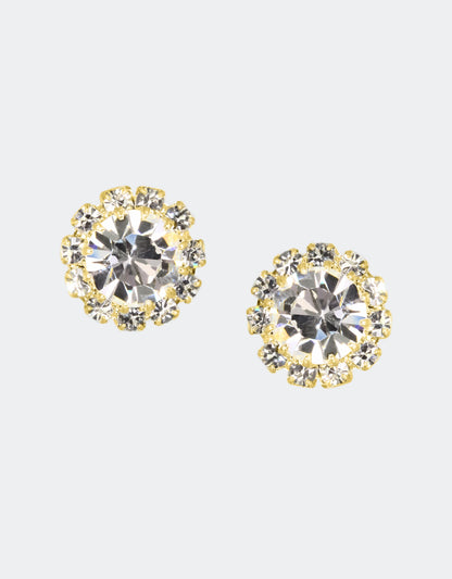 Selene Crystal June Rosetta stud earrings in clear crystal with silver halo – timeless handcrafted round studs that complement any outfit from casual to formal.