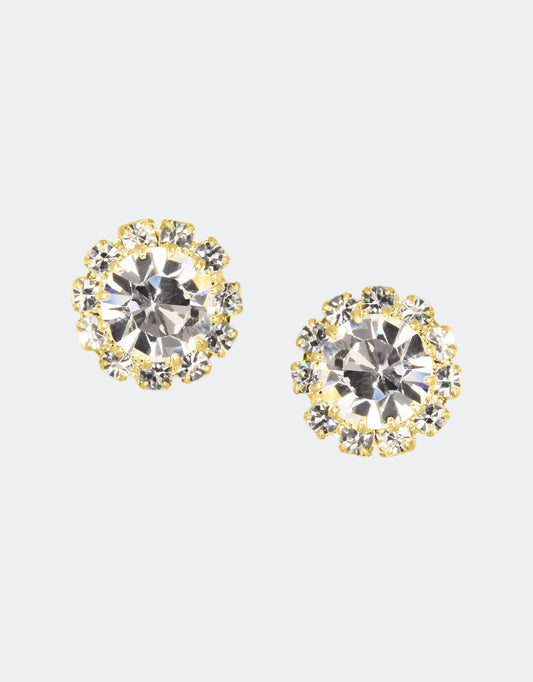 Selene Crystal June Rosetta stud earrings in clear crystal with silver halo – timeless handcrafted round studs that complement any outfit from casual to formal.