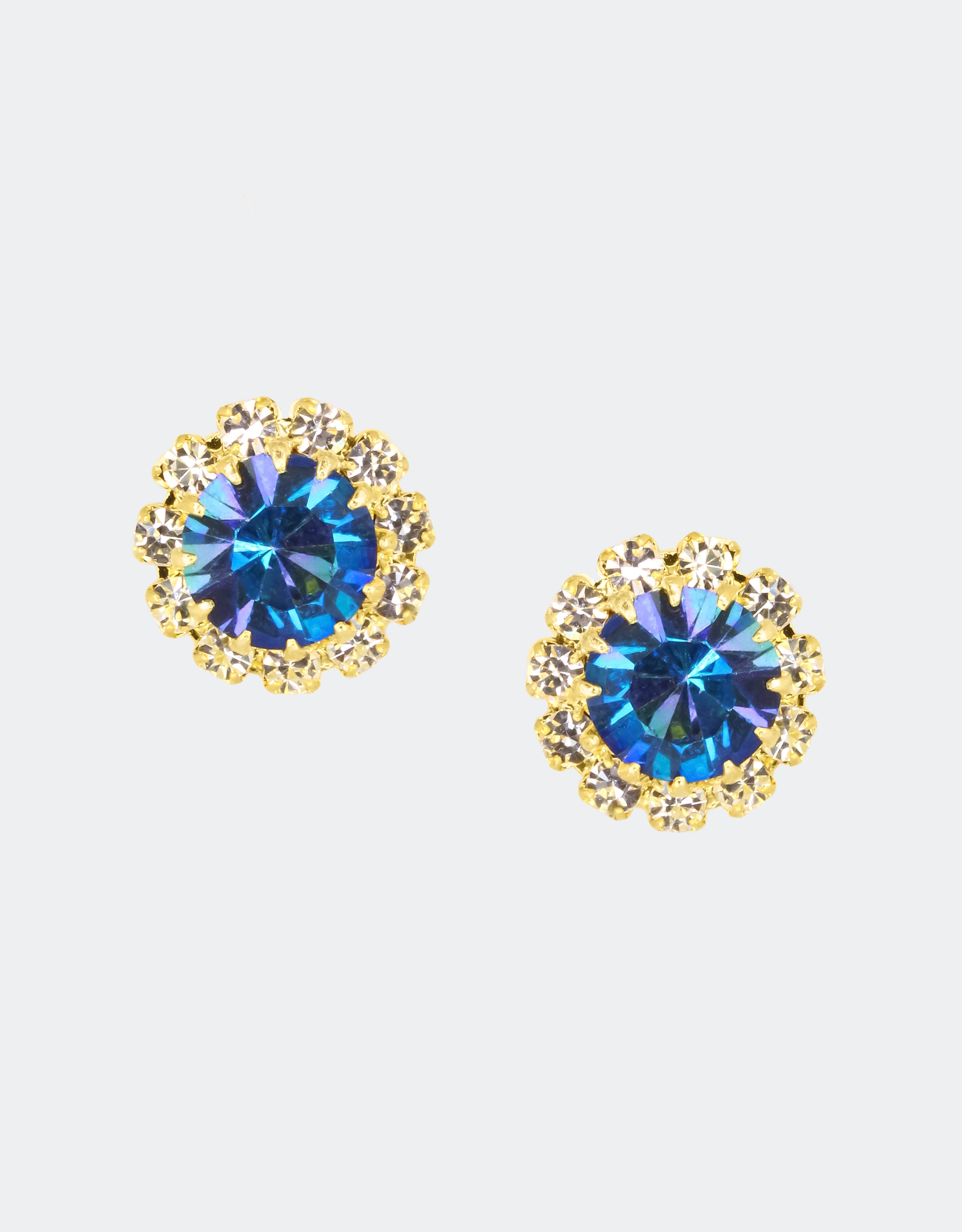 Selene Crystal June Rosetta stud earrings in cobalt blue crystal with gold halo – bold handcrafted round studs perfect for adding colour to everyday looks and special occasions. Free worldwide shipping on orders over £199.