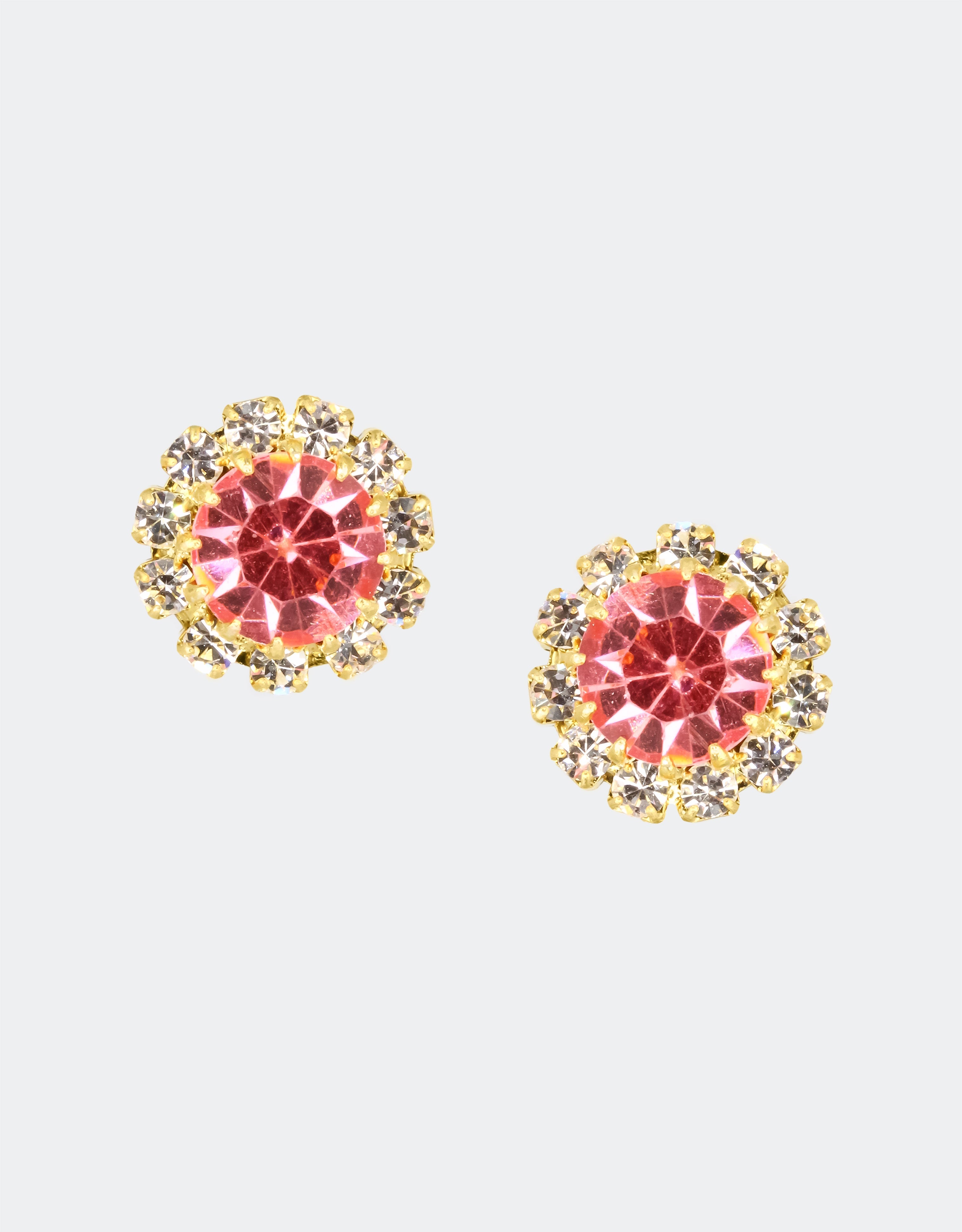 Selene Crystal June Rosetta stud earrings in coral crystal with gold halo – warm-toned handcrafted round studs that add a vibrant pop of colour to casual and occasion outfits.