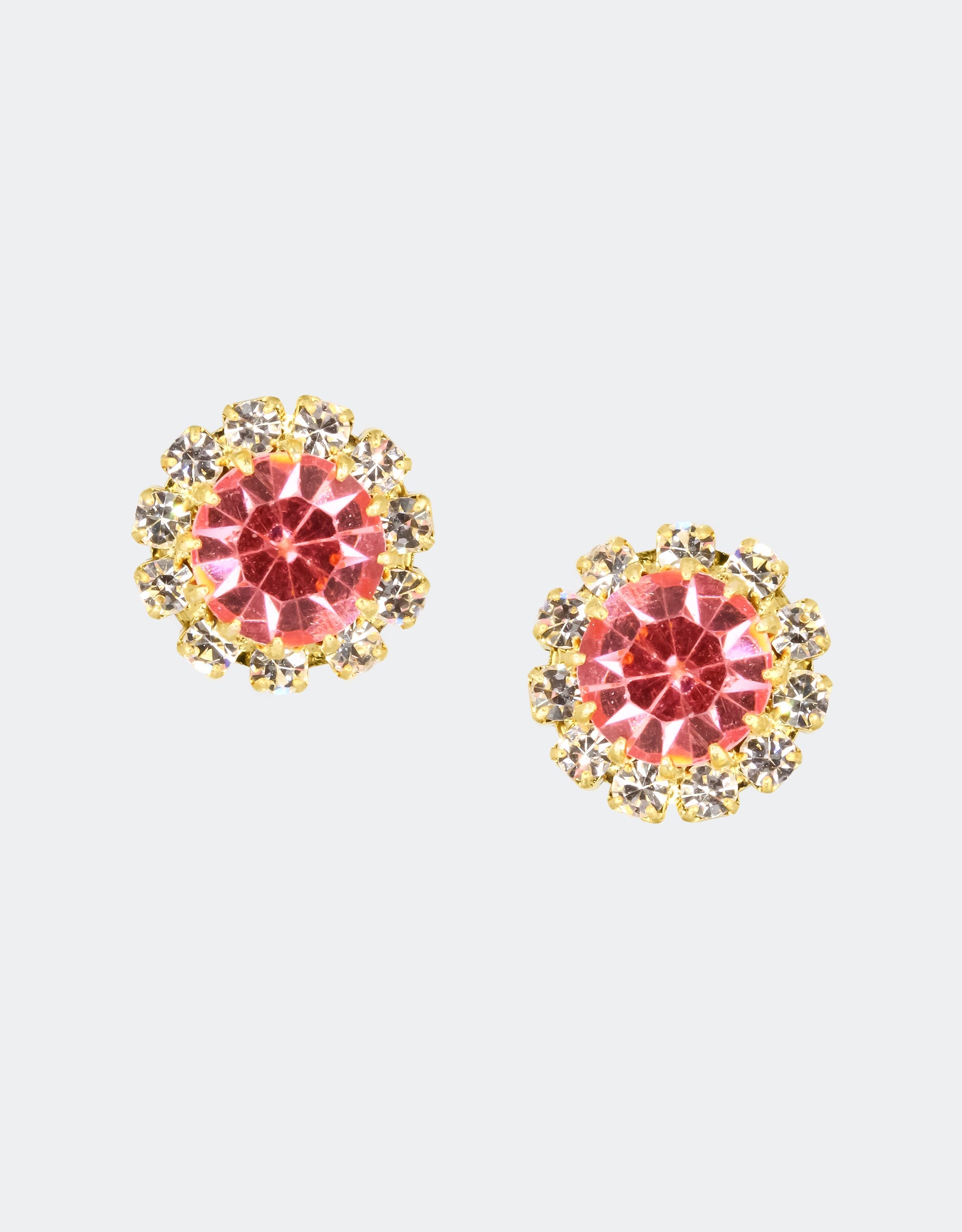Selene Crystal June Rosetta stud earrings in coral crystal with gold halo – warm-toned handcrafted round studs that add a vibrant pop of colour to casual and occasion outfits.