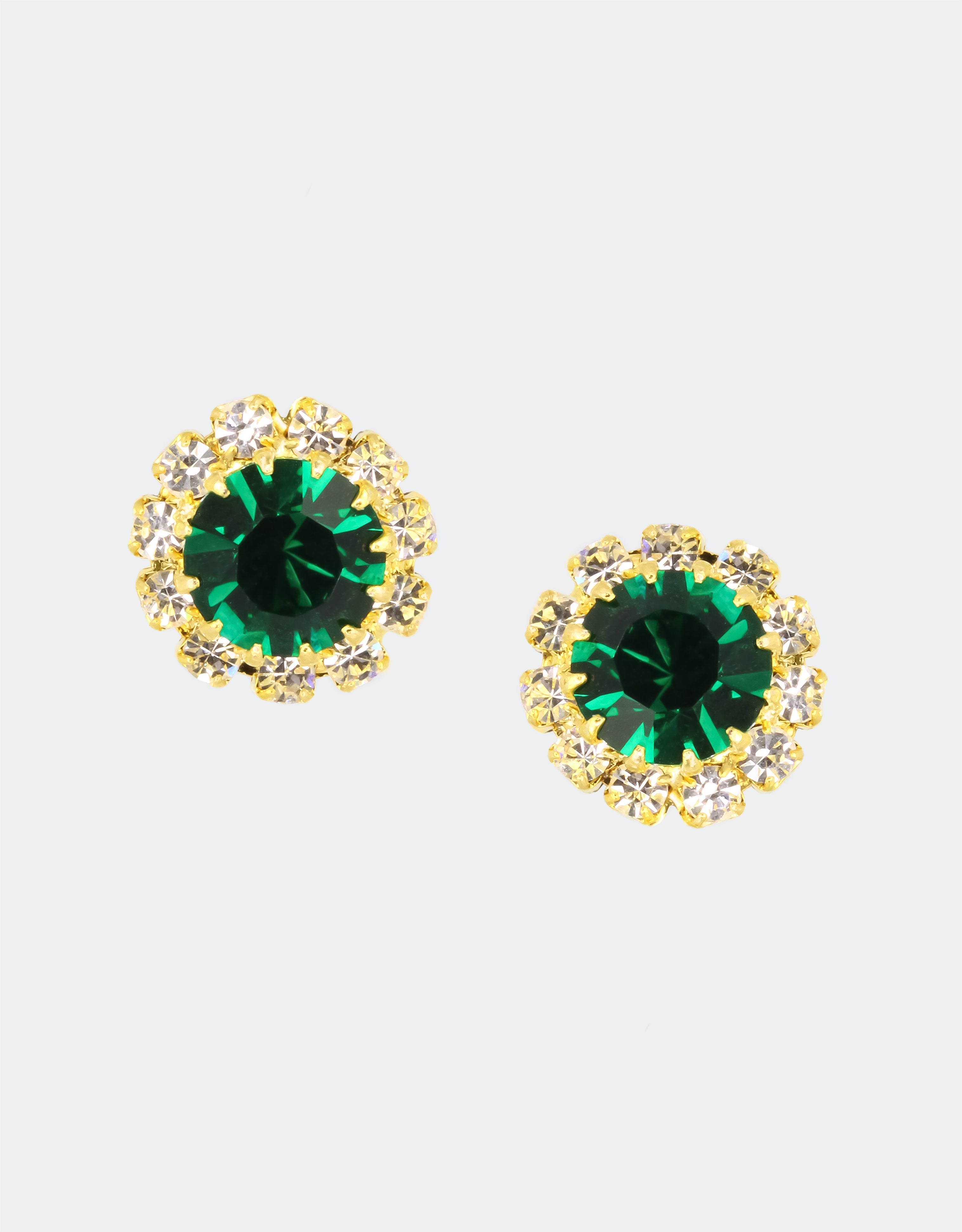 Selene Crystal June Rosetta stud earrings in emerald green crystal with gold halo – rich colour handcrafted round studs that make a striking addition to any jewellery collection.