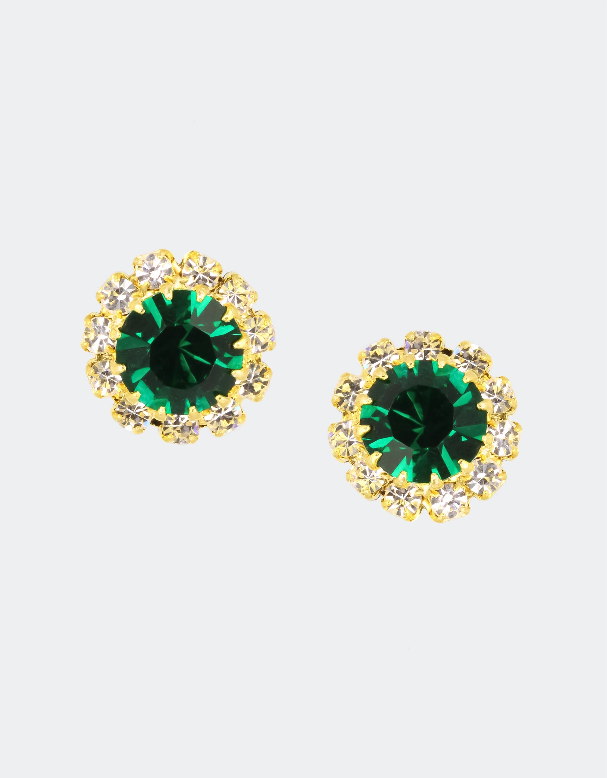 Selene Crystal June Rosetta stud earrings in emerald green crystal with gold halo – rich colour handcrafted round studs that make a striking addition to any jewellery collection.