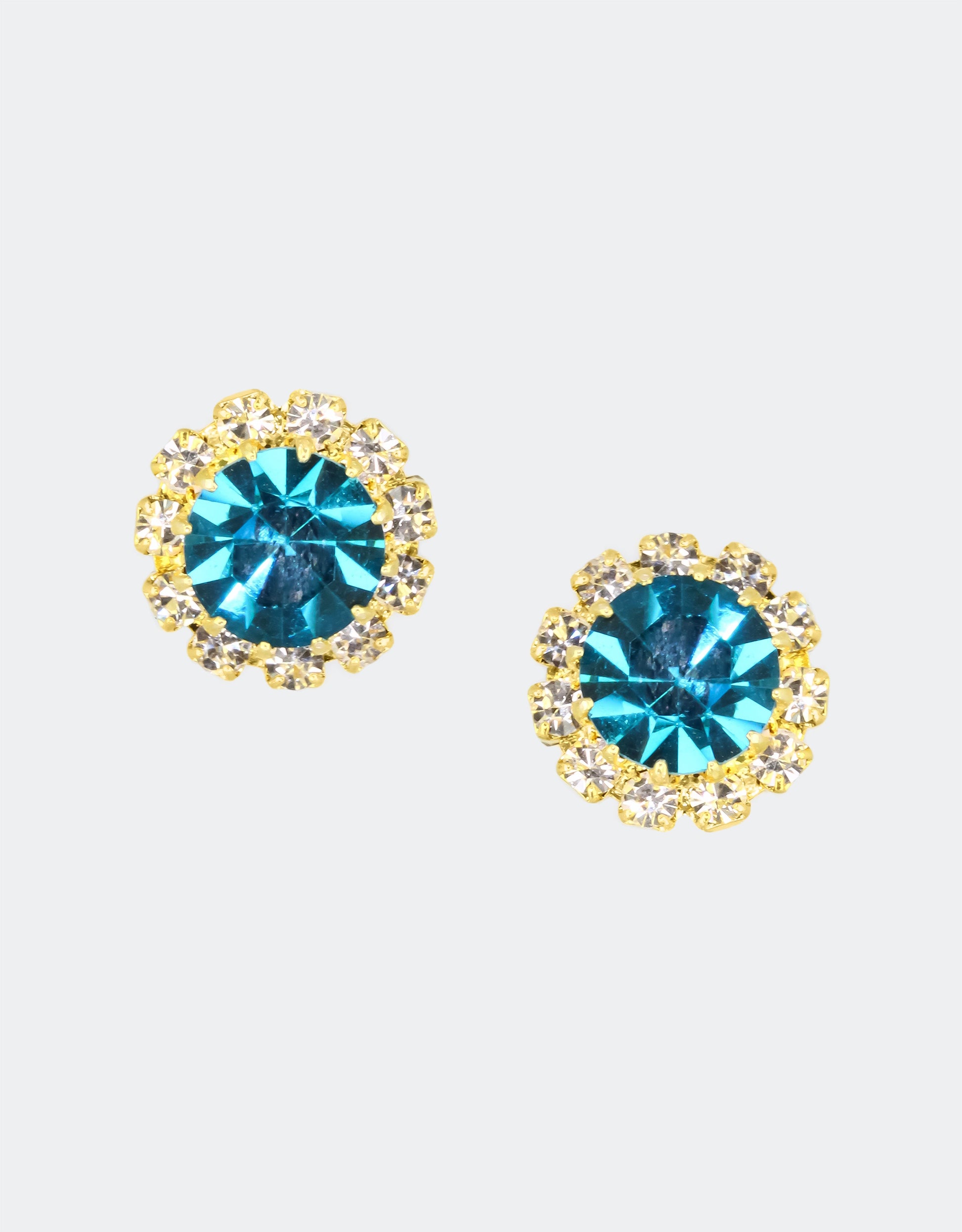 Selene Crystal June Rosetta stud earrings in teal crystal with gold halo – vibrant handcrafted round studs that add a pop of colour to any outfit or occasion.