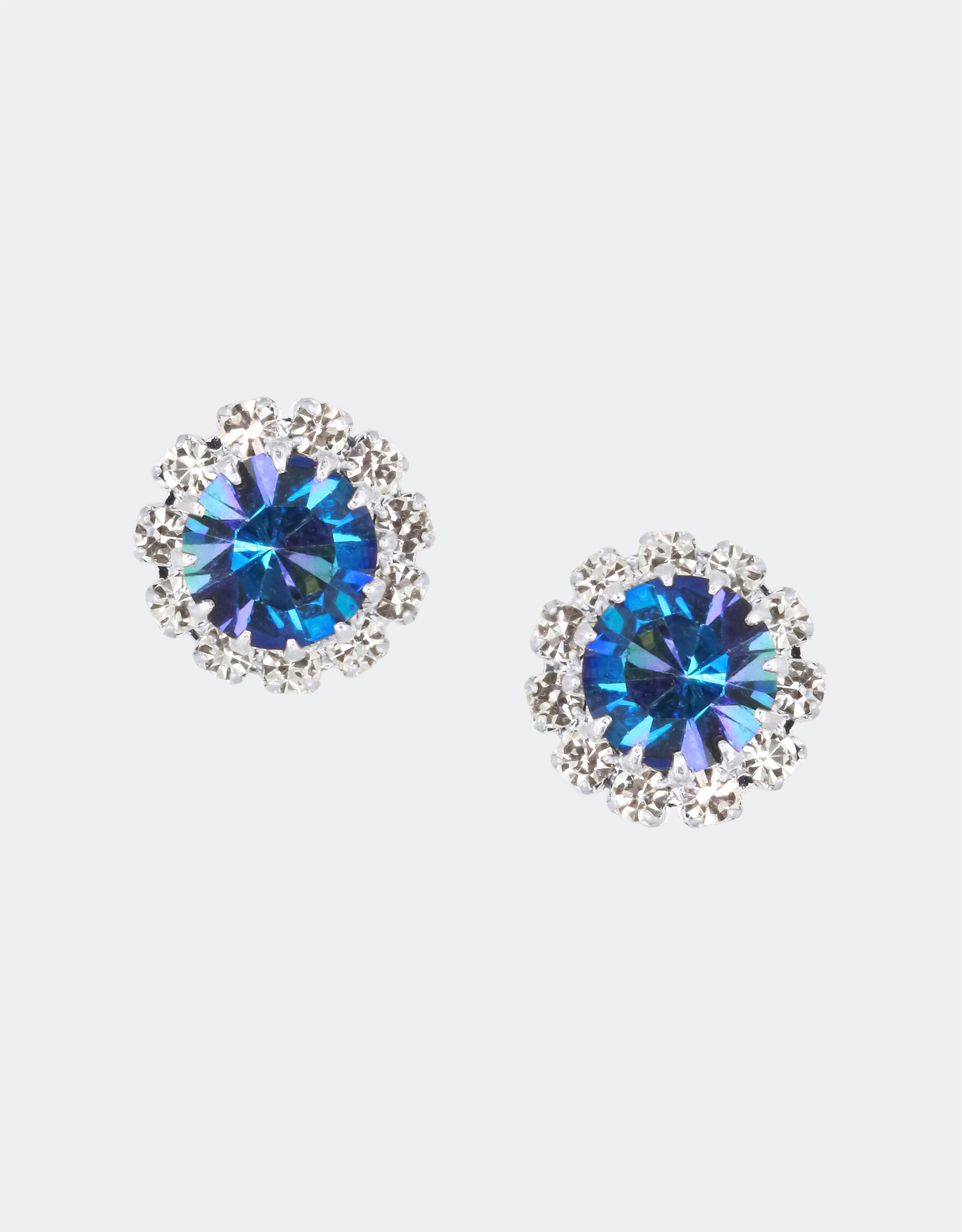 Selene Crystal June Rosetta blue crystal stud earrings with silver setting – classic round crystal studs with deep jewel-toned sparkle for versatile everyday styling.