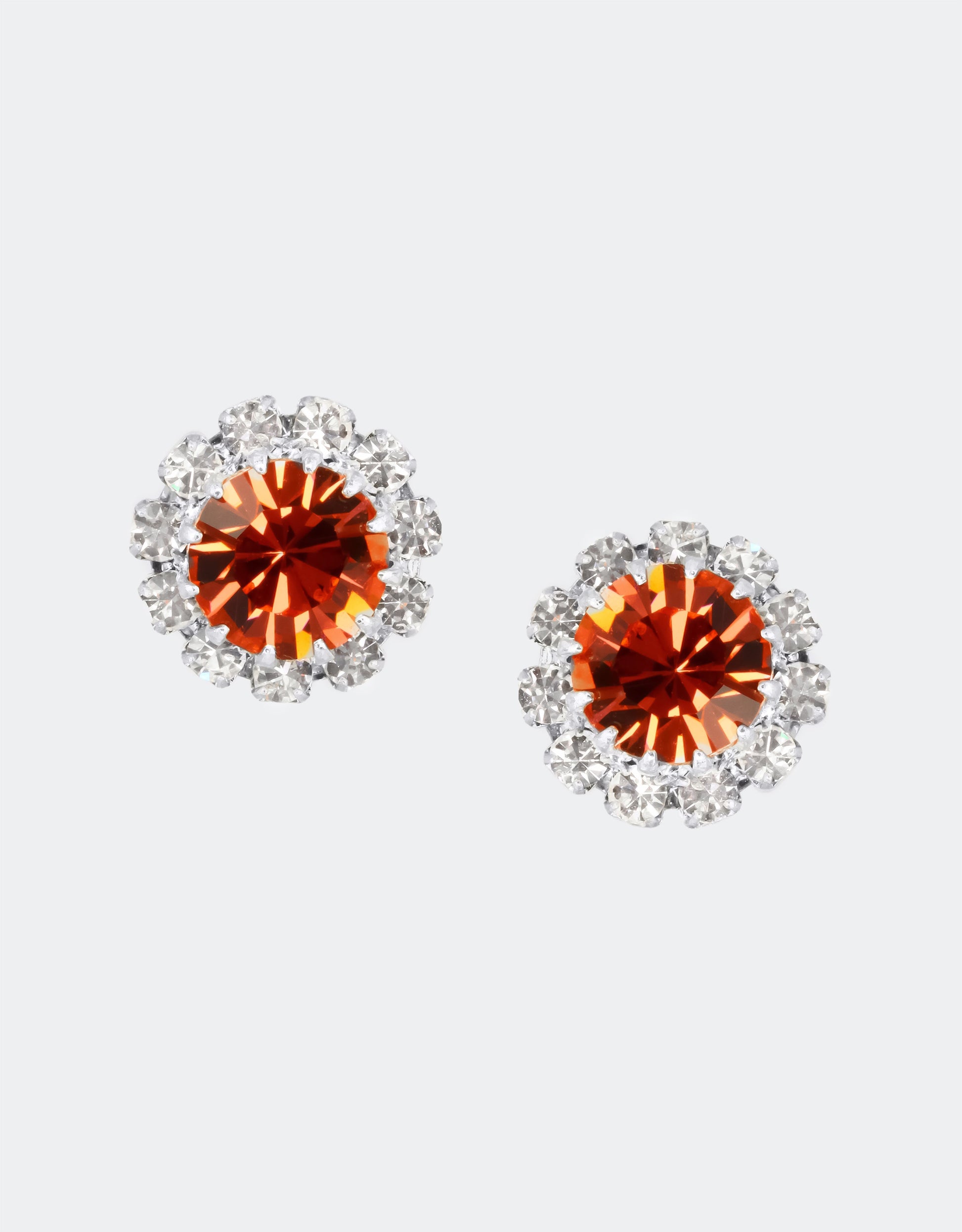 Selene Crystal June Rosetta garnet red crystal stud earrings with silver setting – deep jewel-toned handcrafted round studs with timeless colour and brilliance.