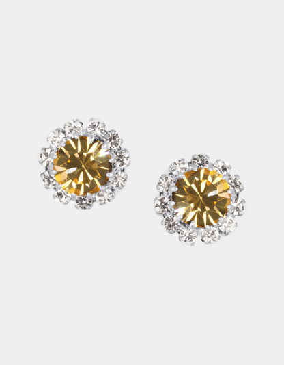 Selene Crystal June Rosetta gold crystal stud earrings – a jewellery box essential with warm champagne sparkle, designed for effortless everyday elegance.