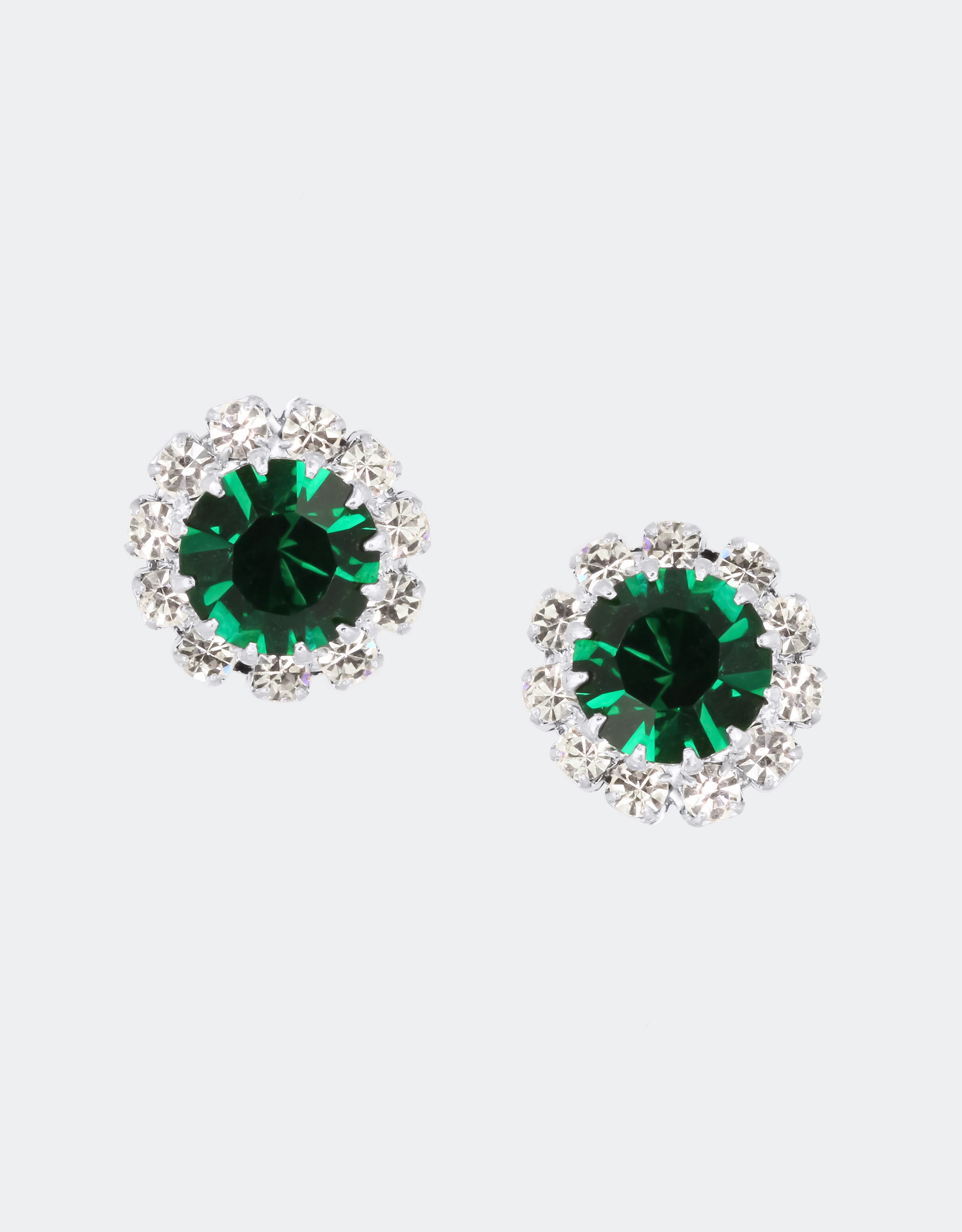 Selene Crystal June Rosetta emerald green crystal stud earrings with silver setting – handcrafted round studs with lush jewel-toned brilliance for everyday and occasion wear. Free worldwide shipping on orders over £199.