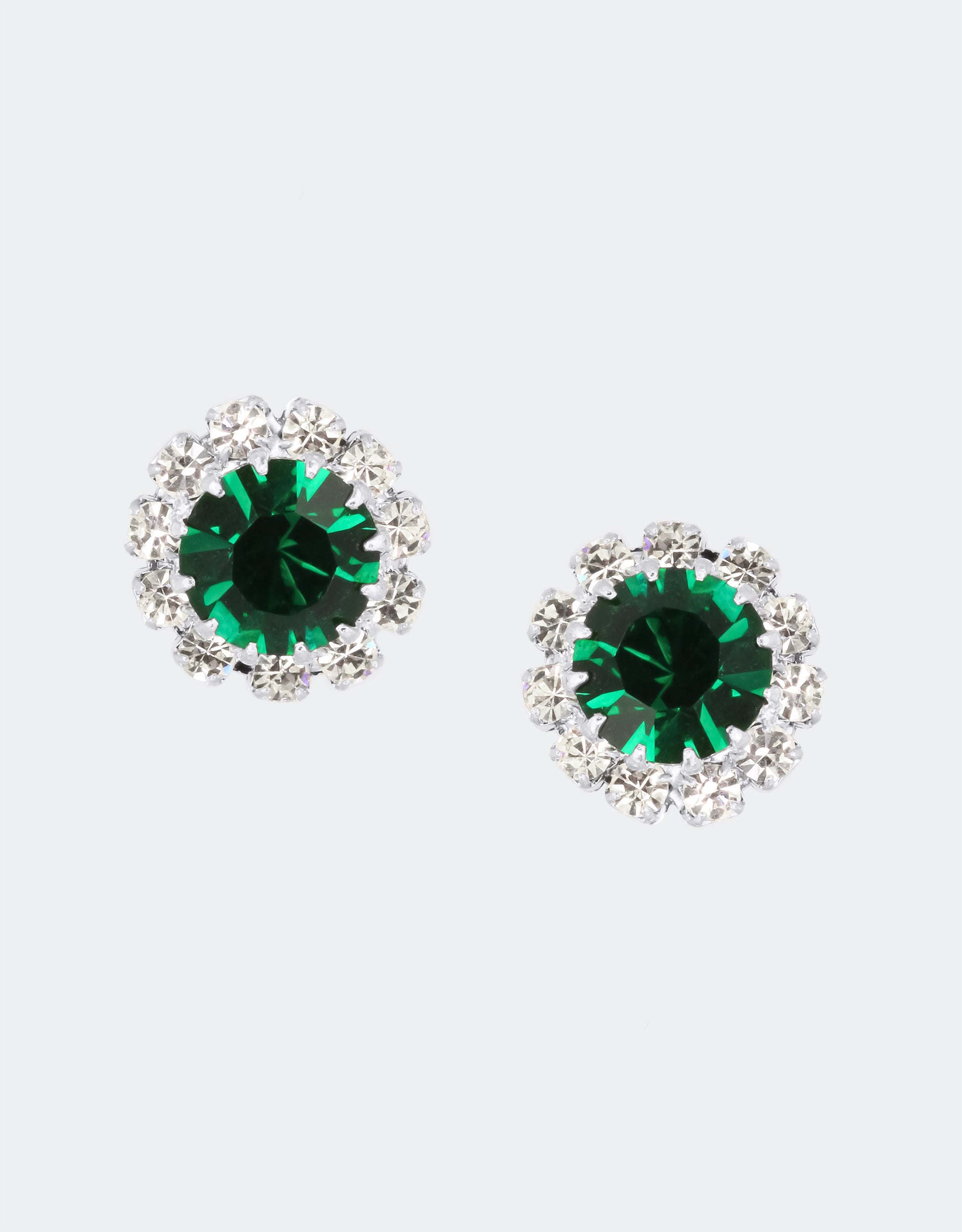 Selene Crystal June Rosetta emerald green crystal stud earrings with silver setting – handcrafted round studs with lush jewel-toned brilliance for everyday and occasion wear. Free worldwide shipping on orders over £199.