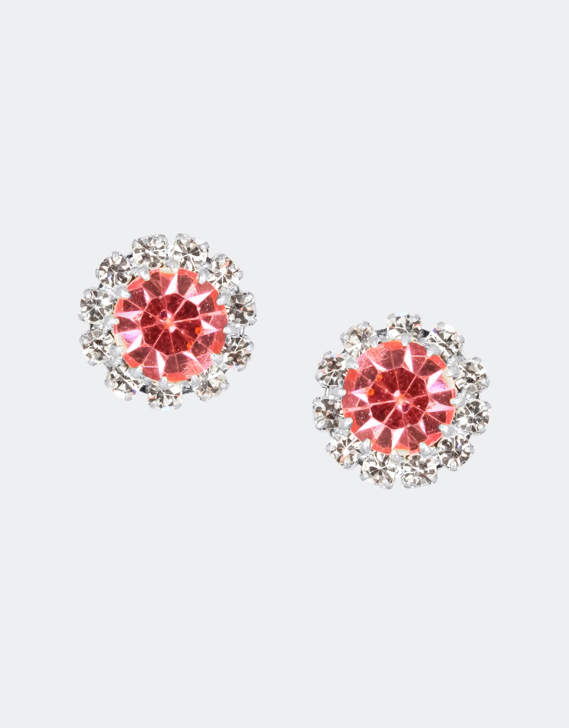 Selene Crystal June Rosetta ruby red crystal stud earrings with silver setting – rich handcrafted round studs with classic red brilliance, ideal for gifting and special occasions.